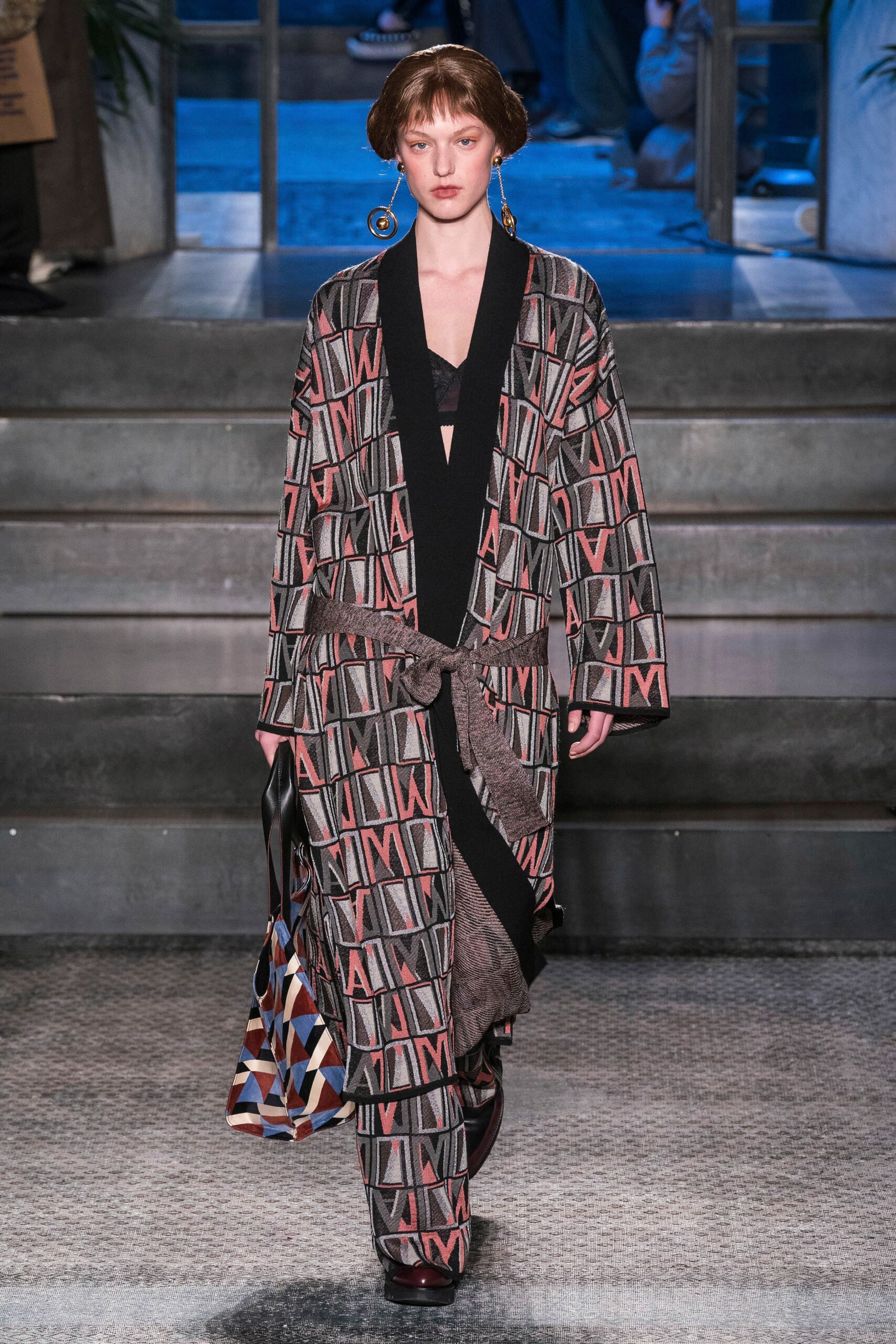 black wool long-sleeve v-neck relaxed printed coat
