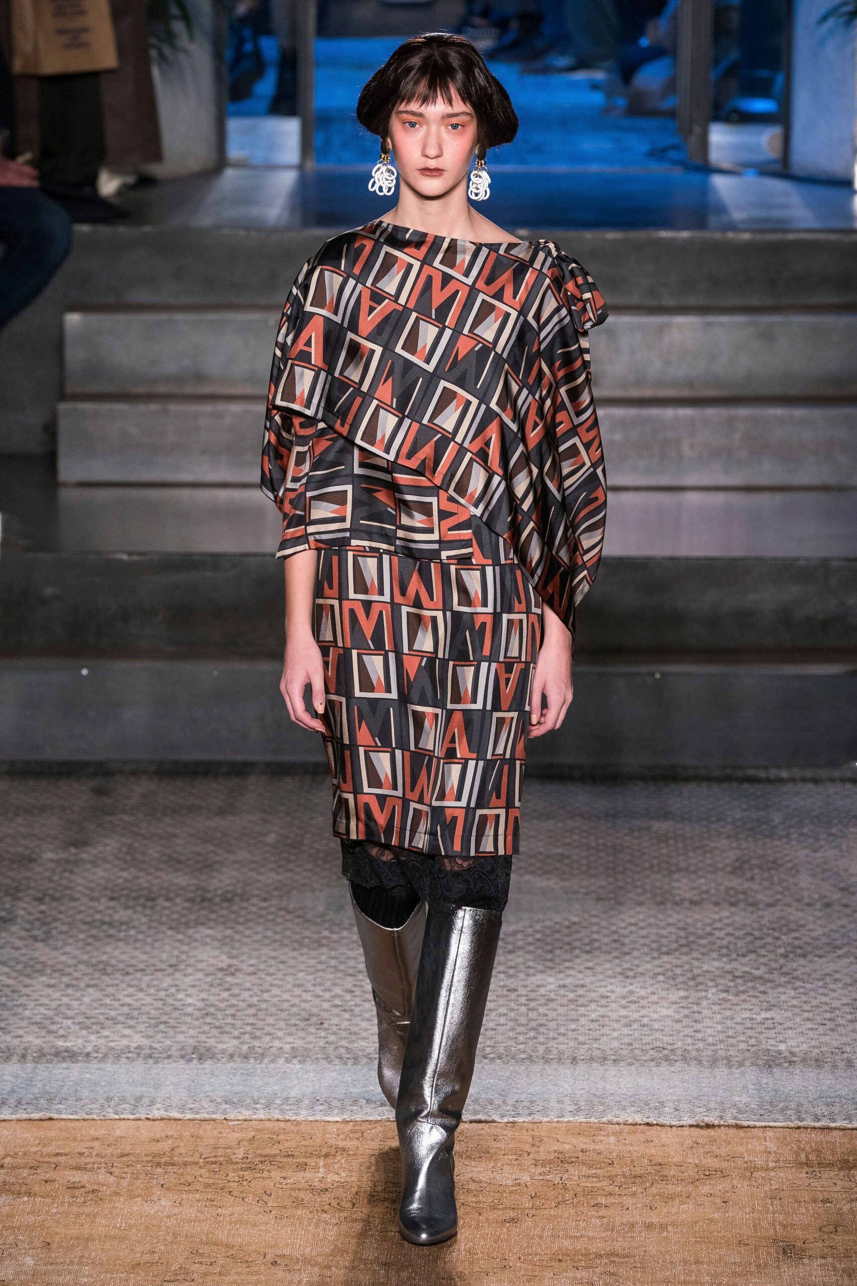 printed midi dress with silver boots