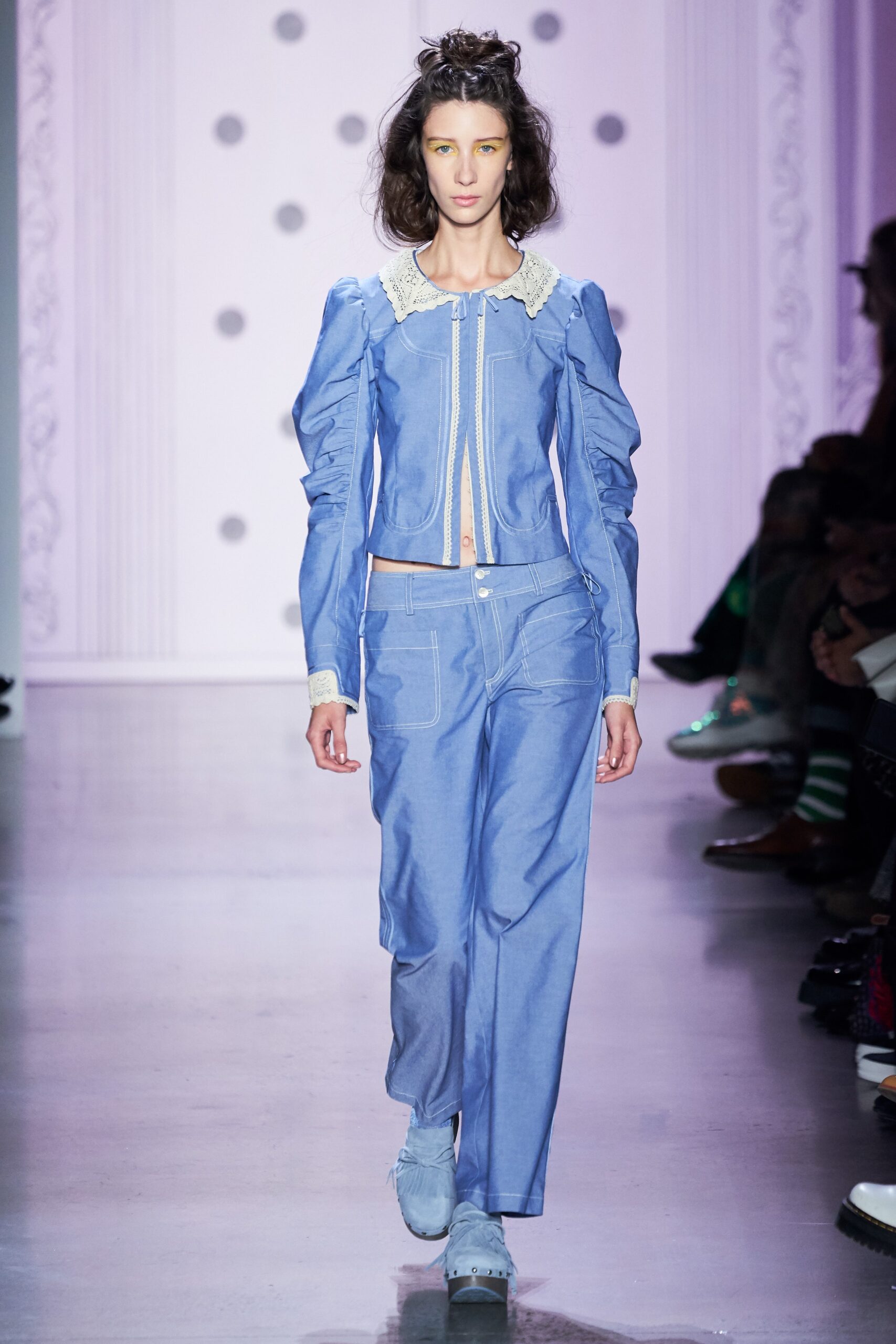 blue denim fitted jacket and relaxed pants