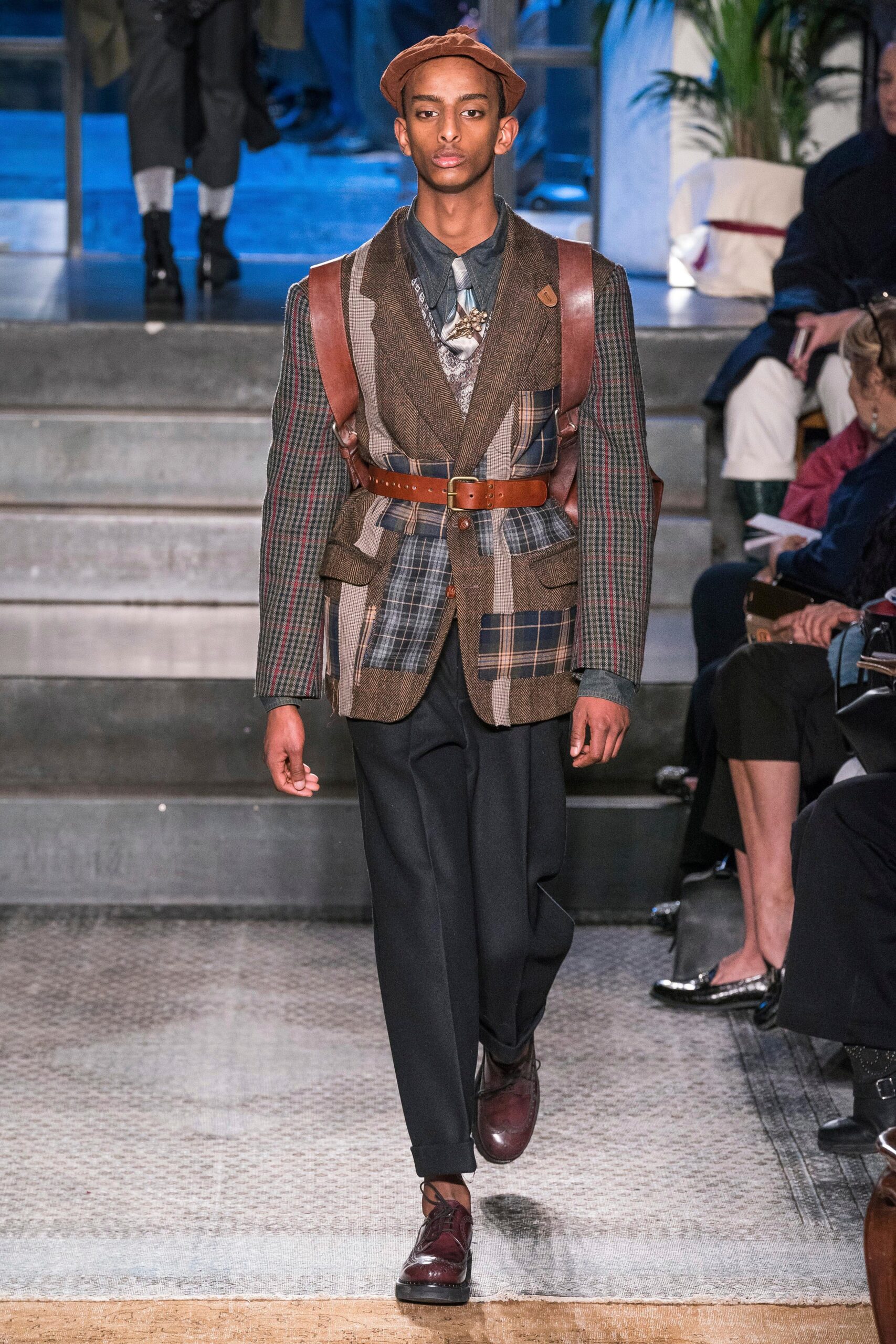 brown wool long-sleeve collared tailored buttoned patchwork blazer