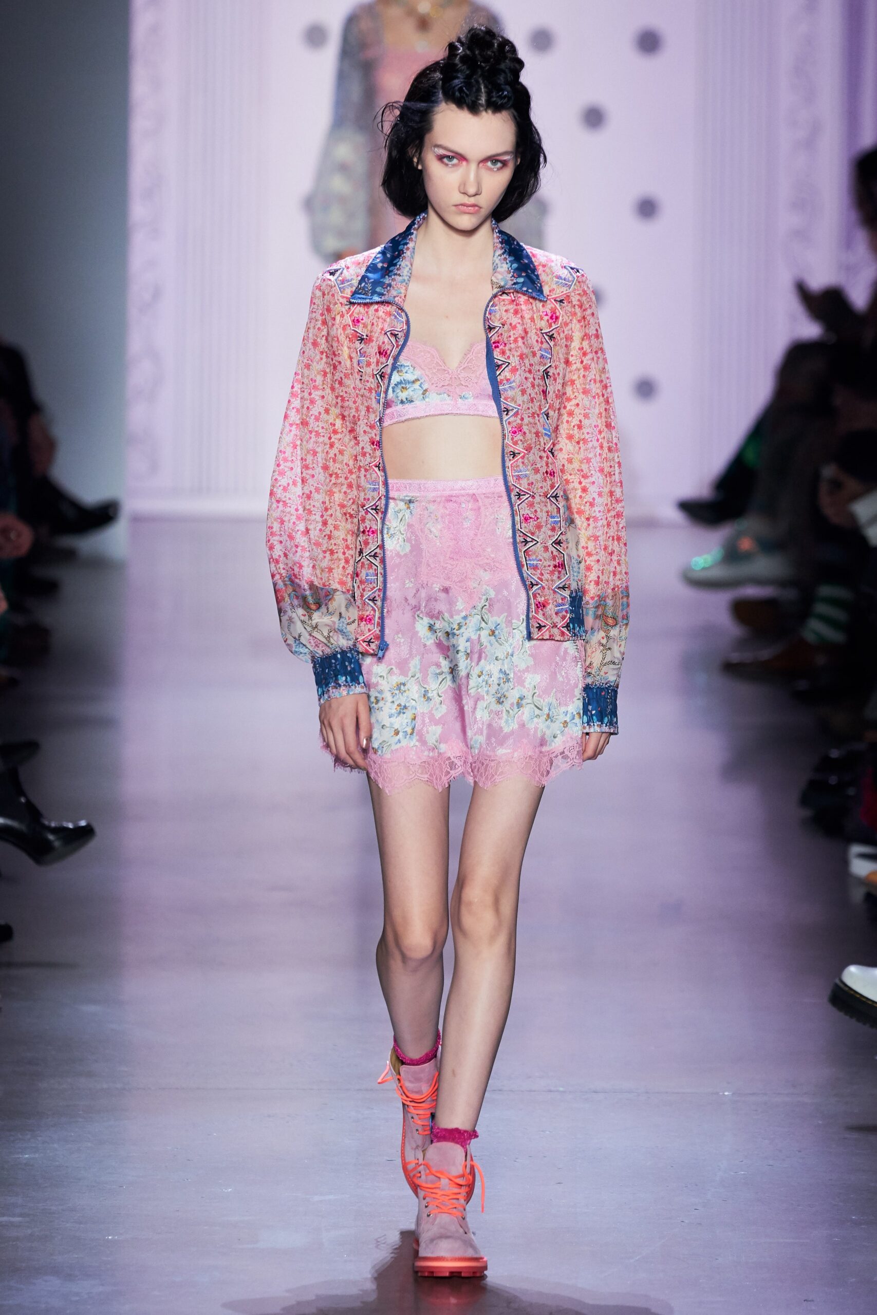 pink embroidered jacket with lace top
