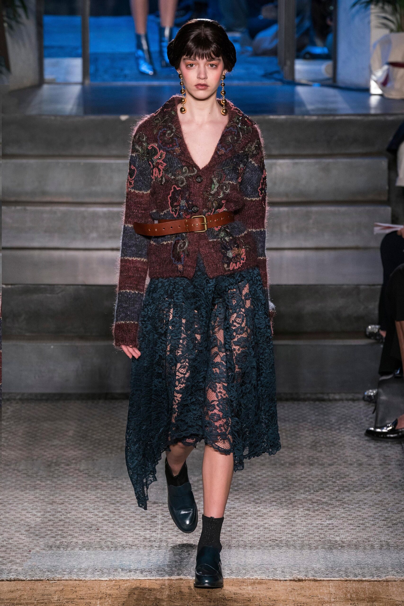 embroidered wool cardigan and lace skirt