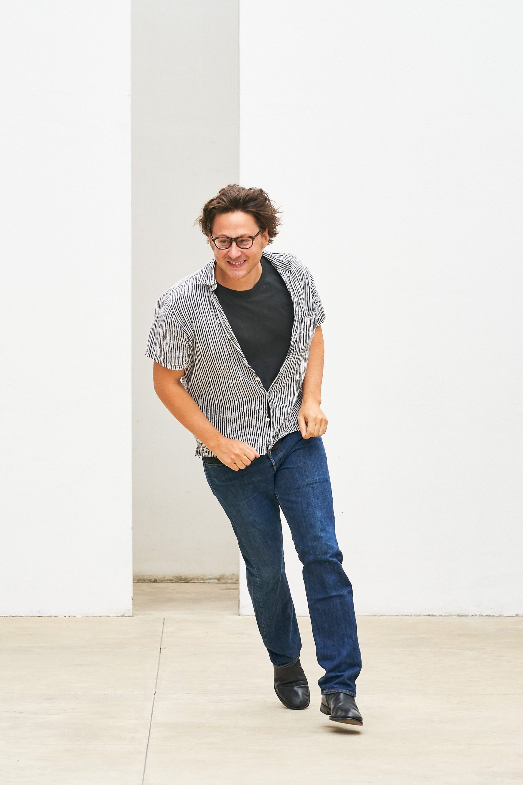 relaxed striped shirt with black t-shirt