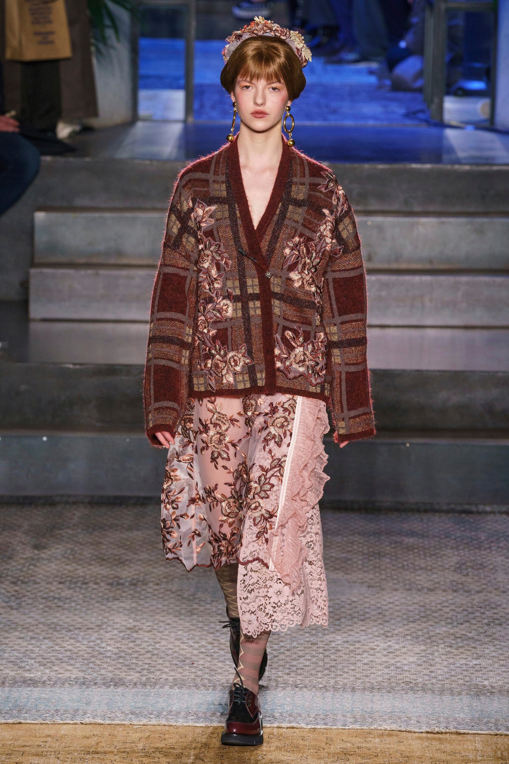 red wool cardigan with pink skirt