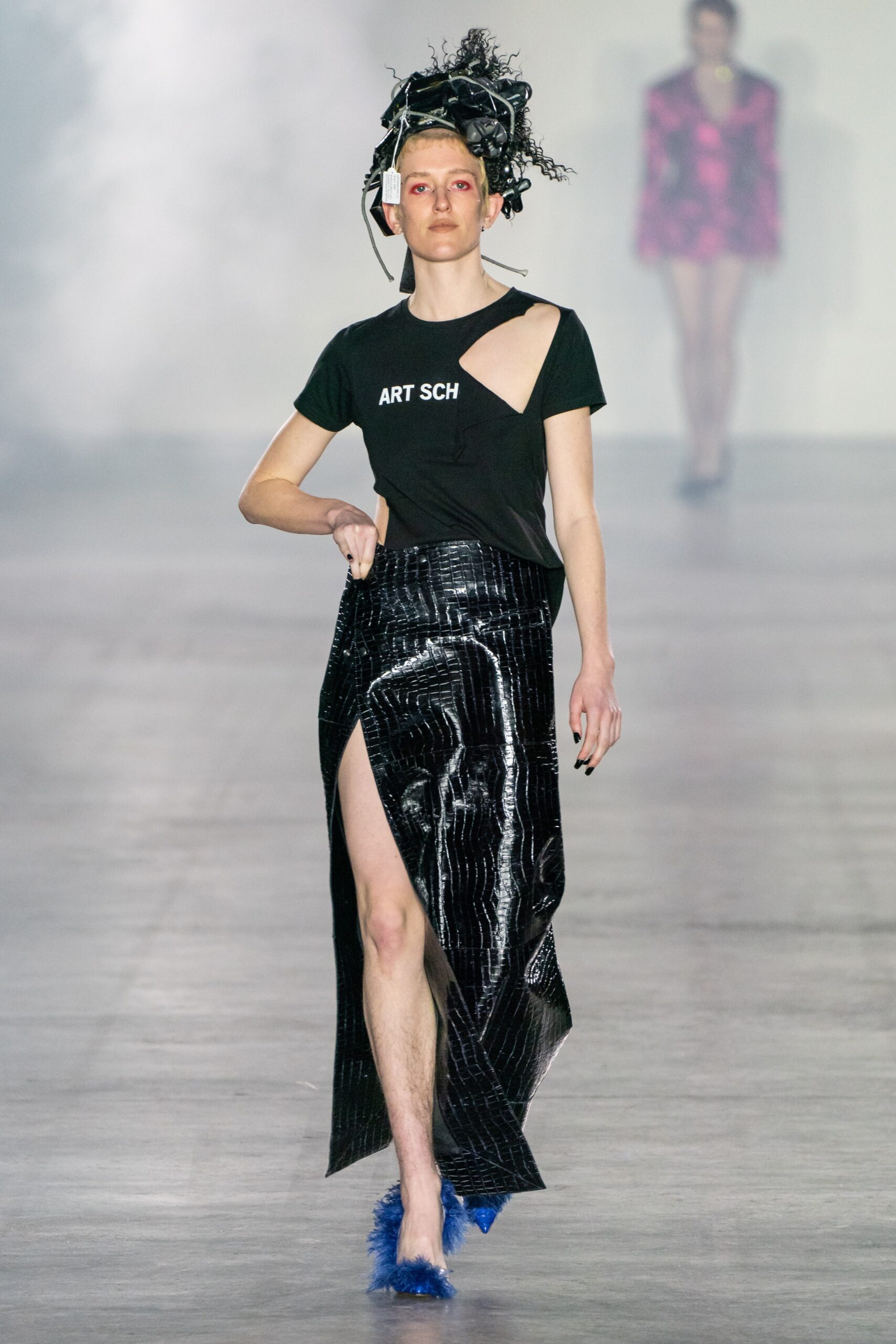 black fitted top and skirt