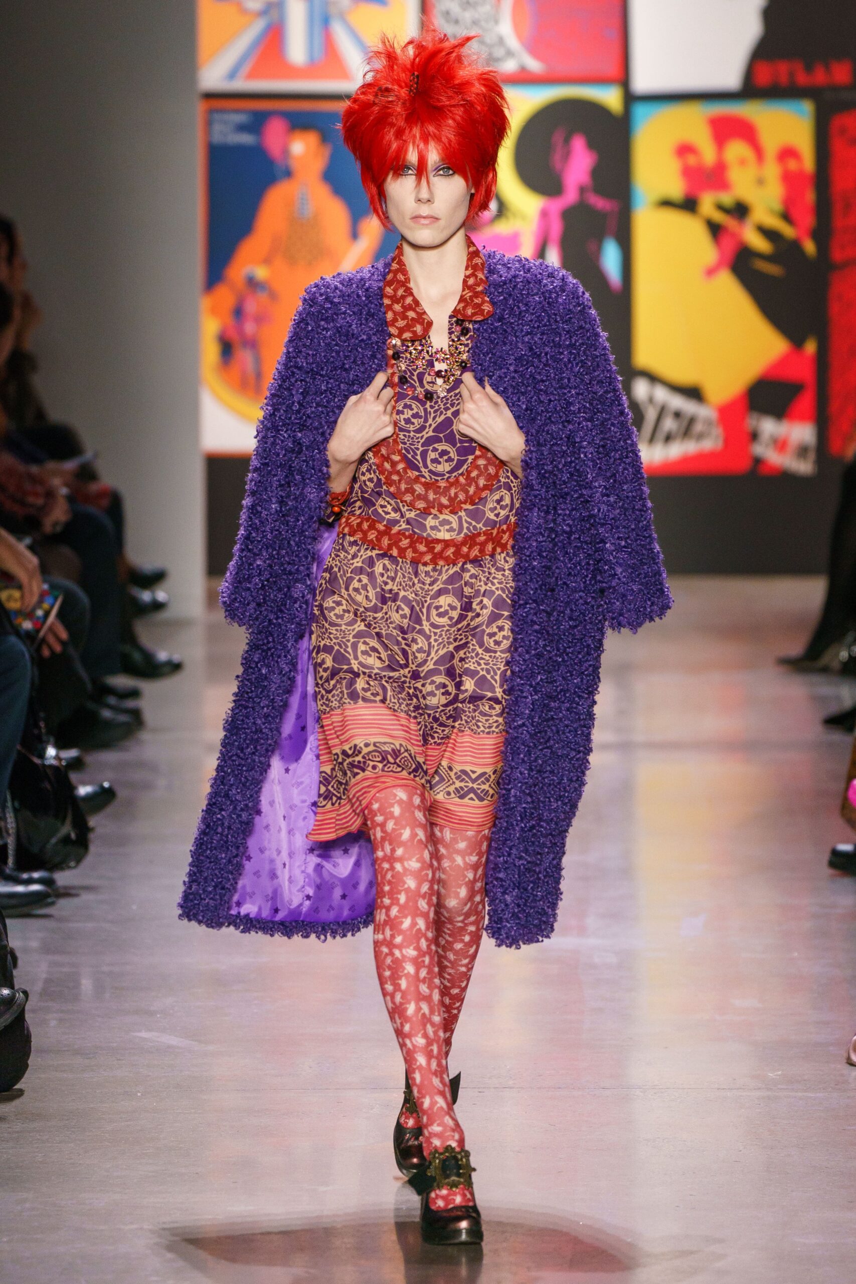 purple wool coat with printed dress