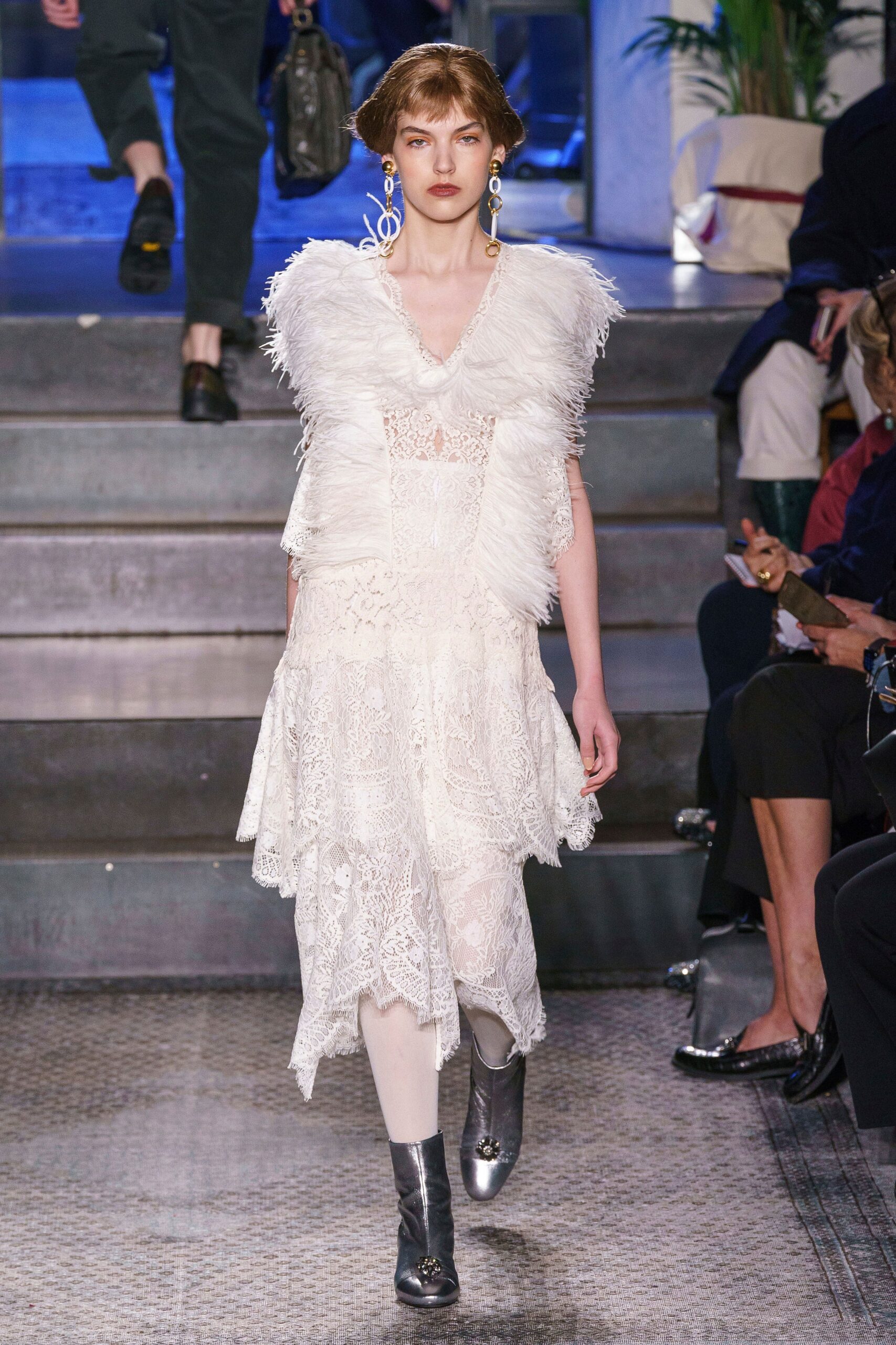 white lace midi dress with feather jacket