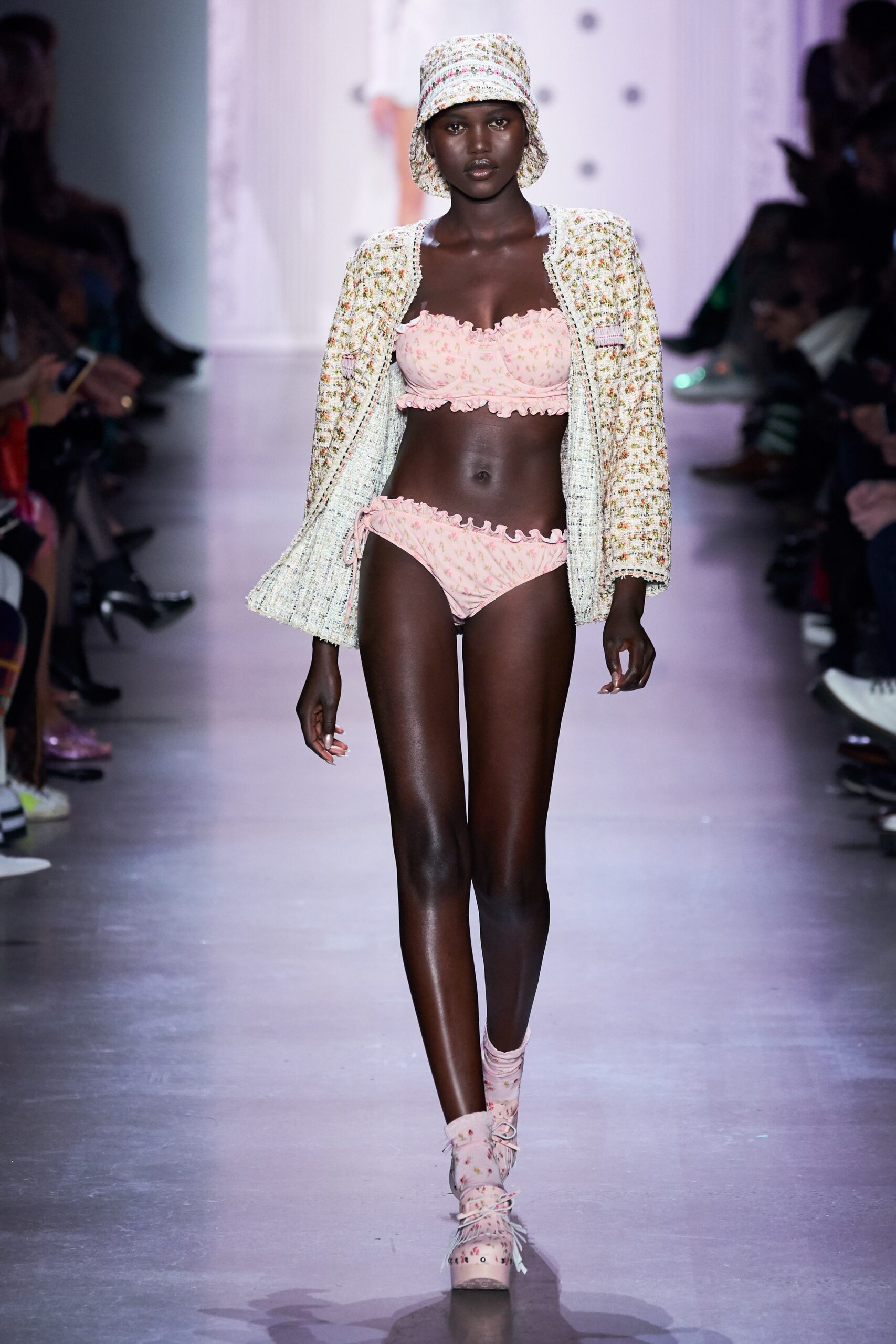 pink ruffled bikini with jacket