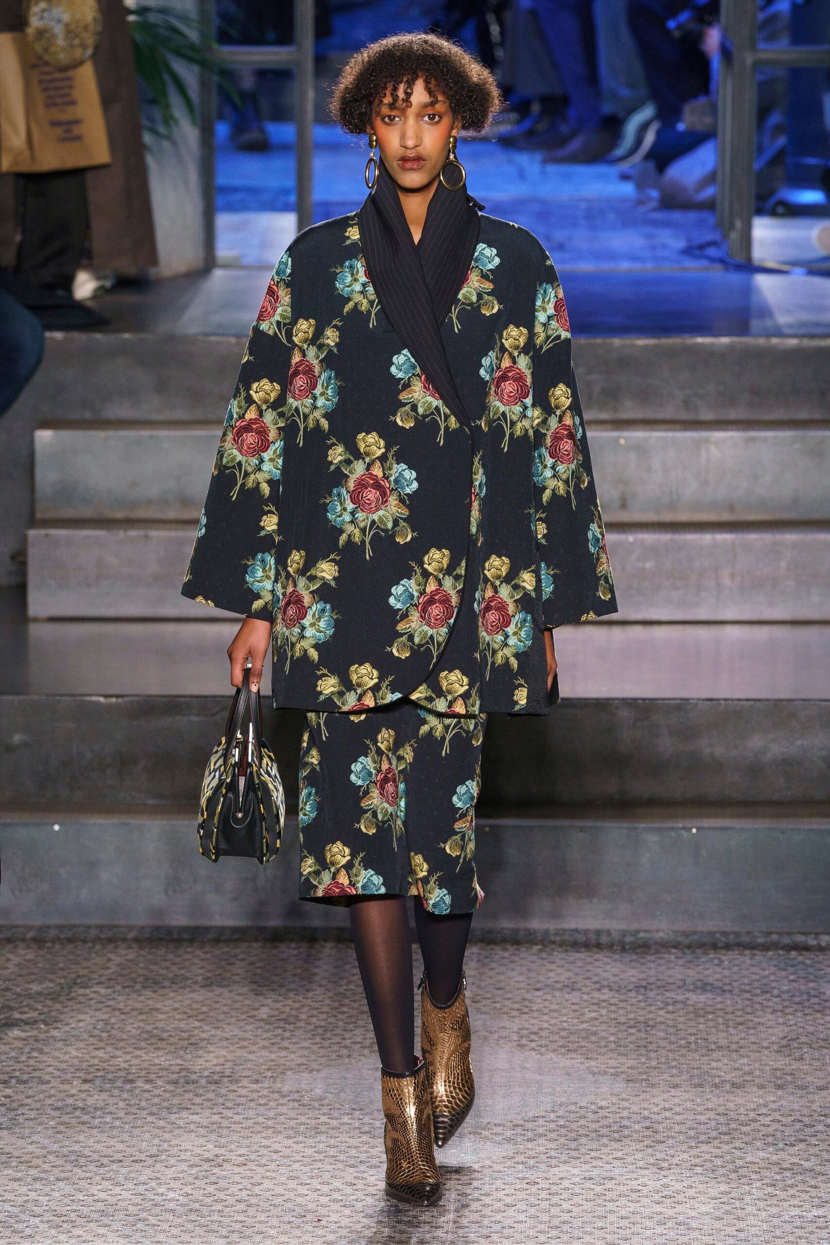 floral black coat and midi skirt