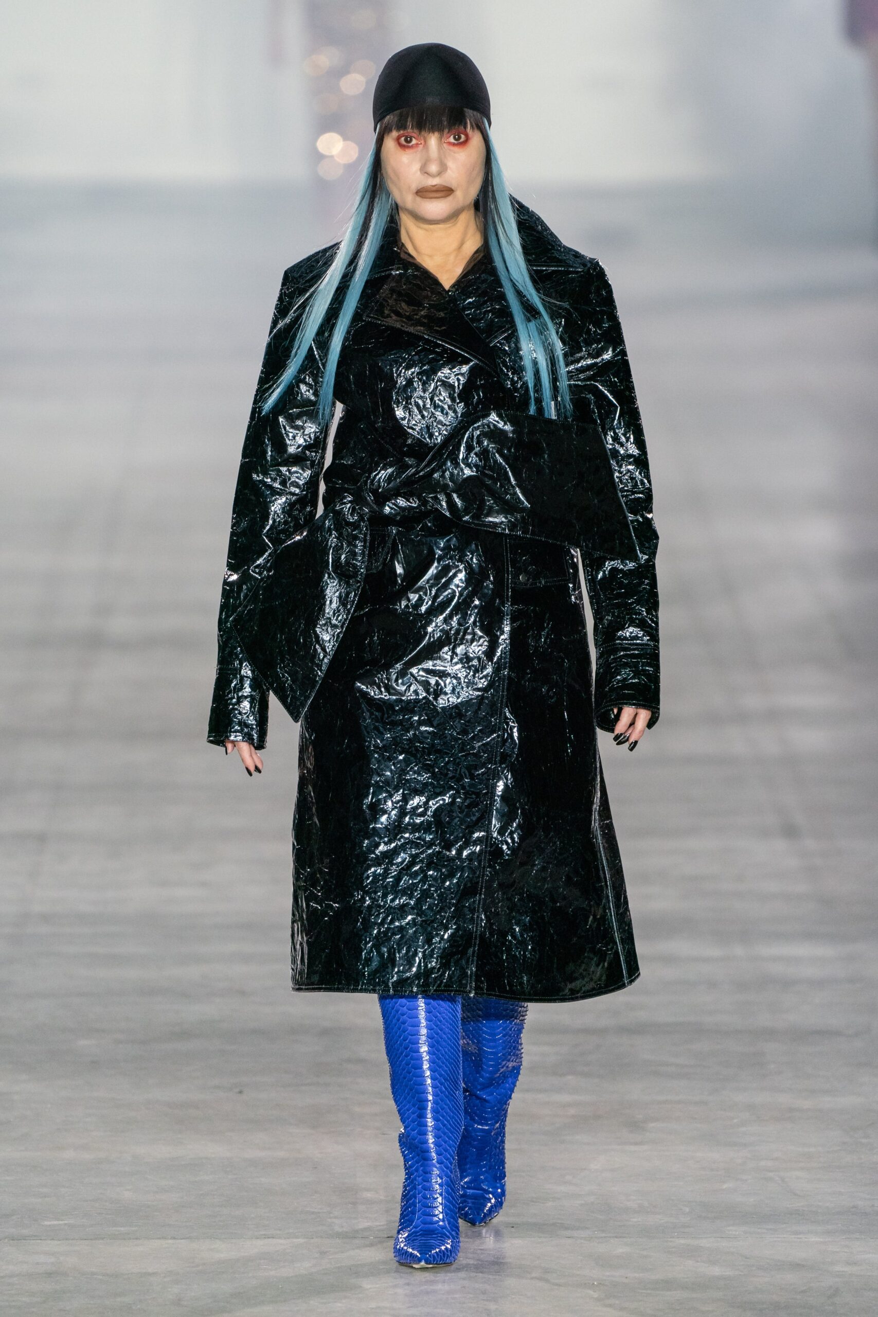 black vinyl long-sleeve collared fitted belted shiny coat