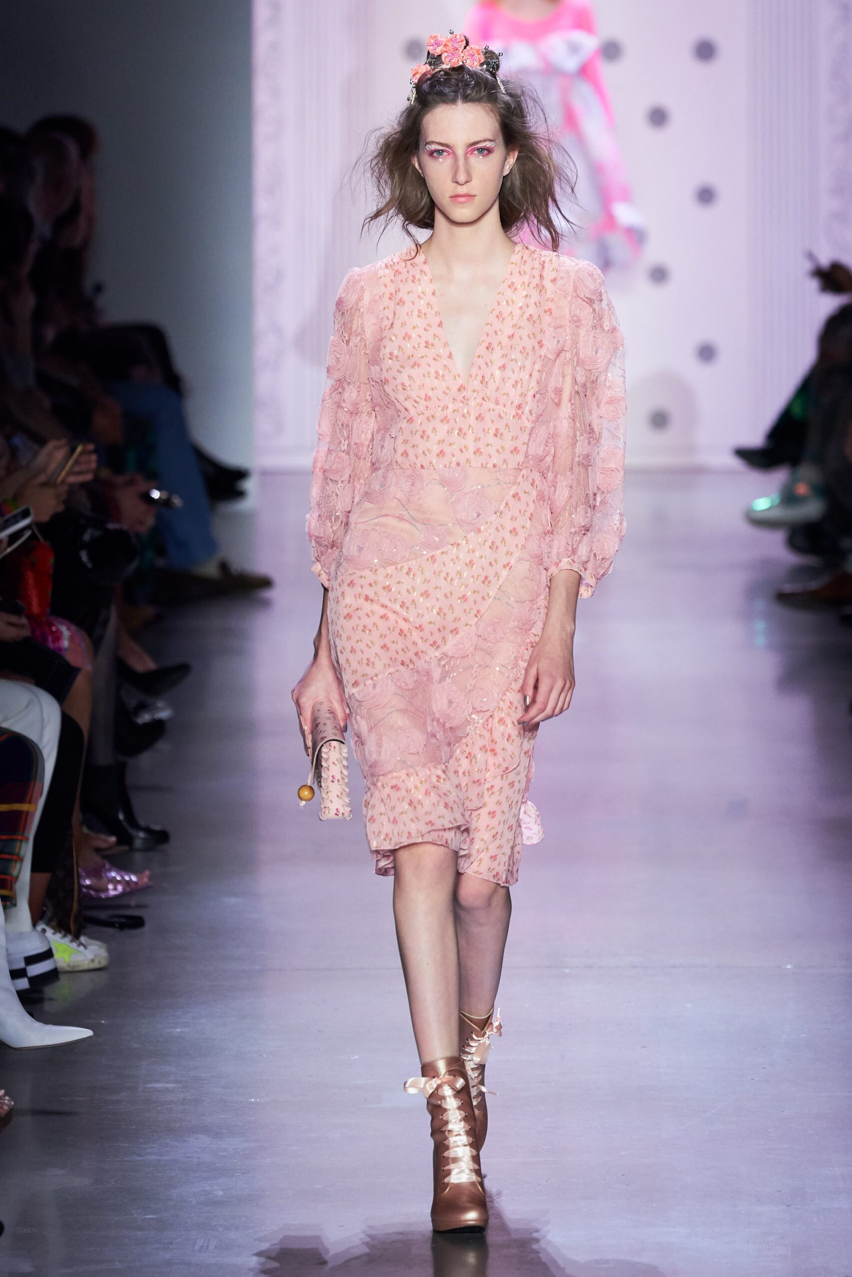 pink silk ruffled midi dress