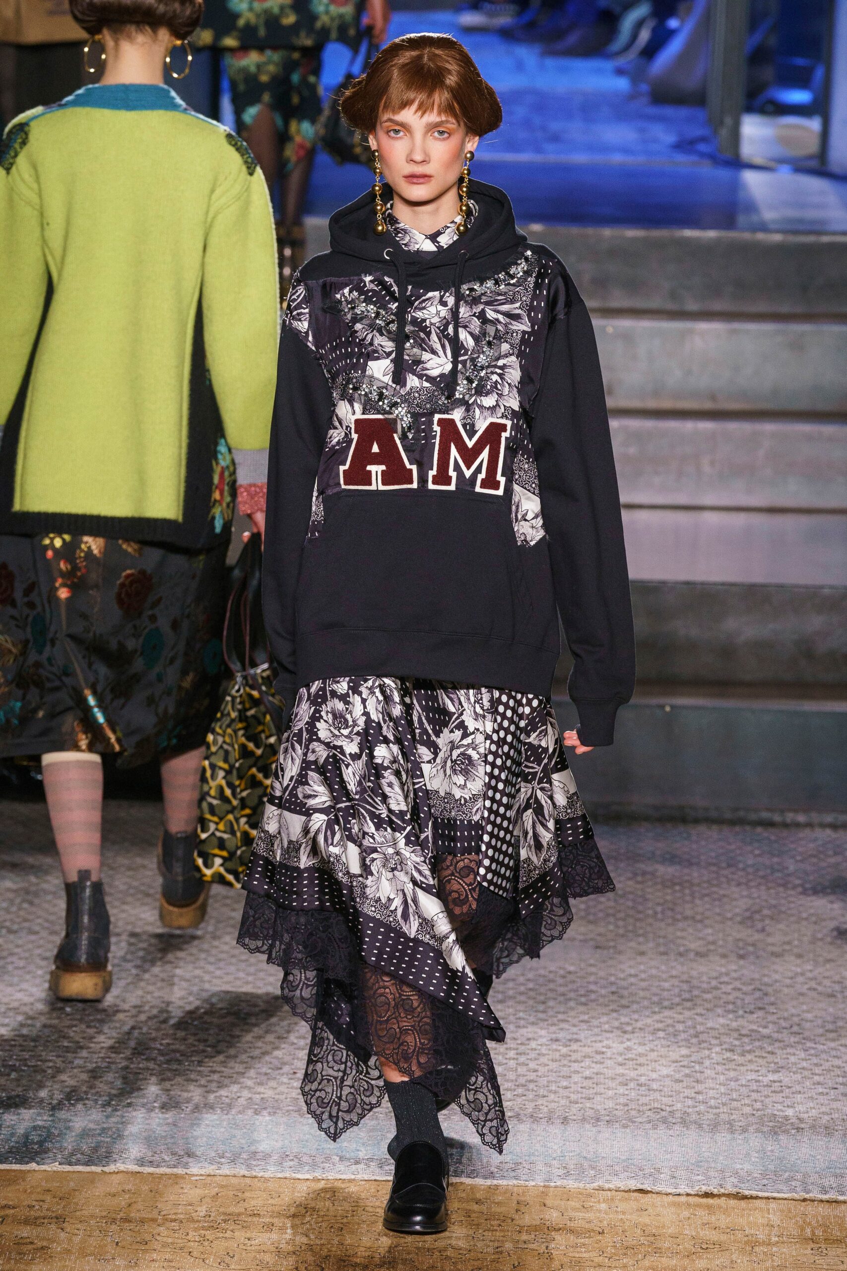black hoodie with printed skirt