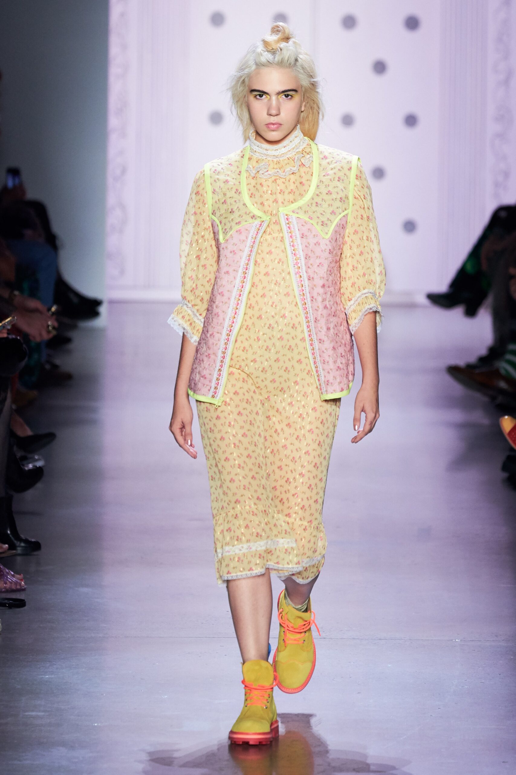 yellow floral midi dress with pink jacket