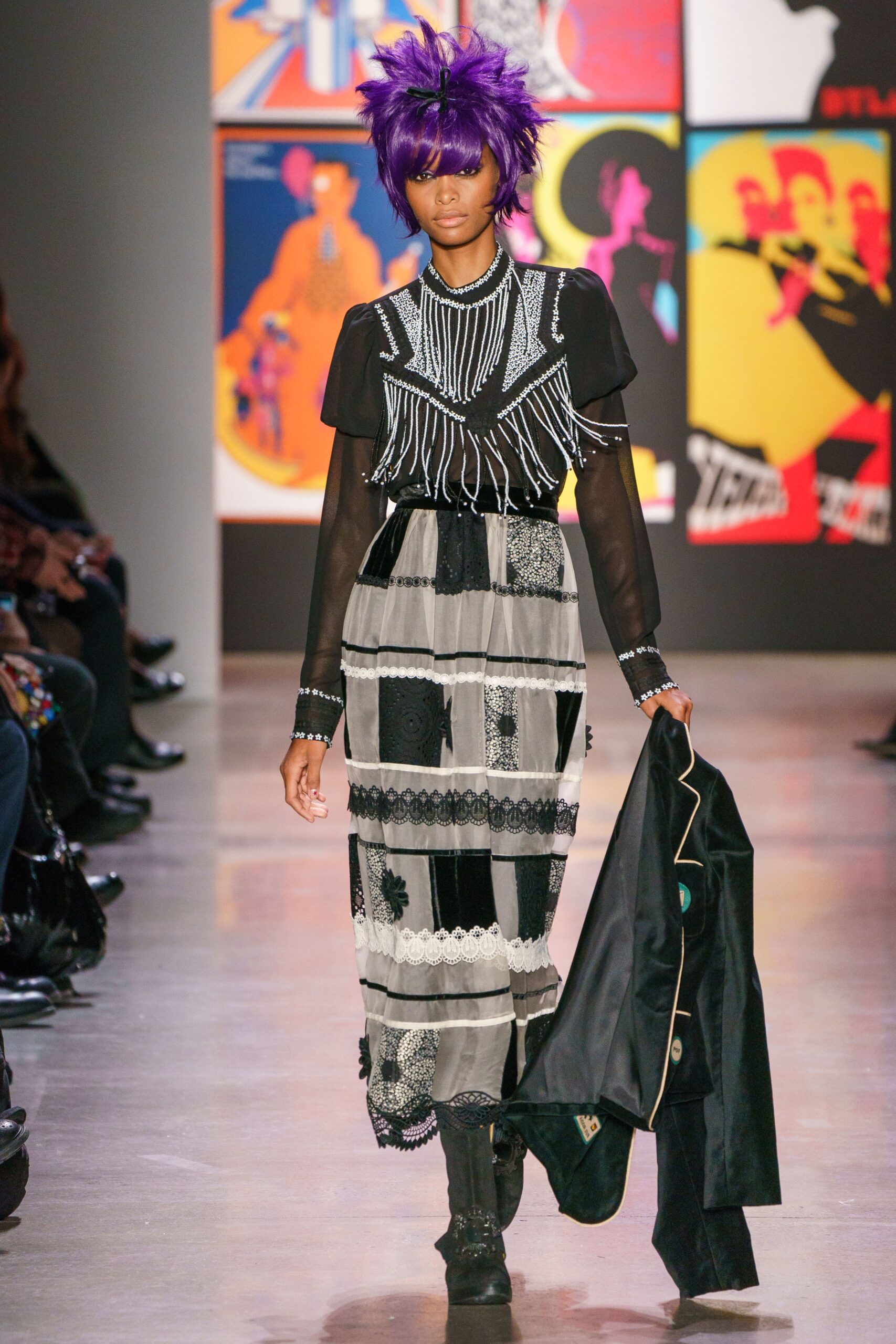 black and white layered midi dress with tailored jacket