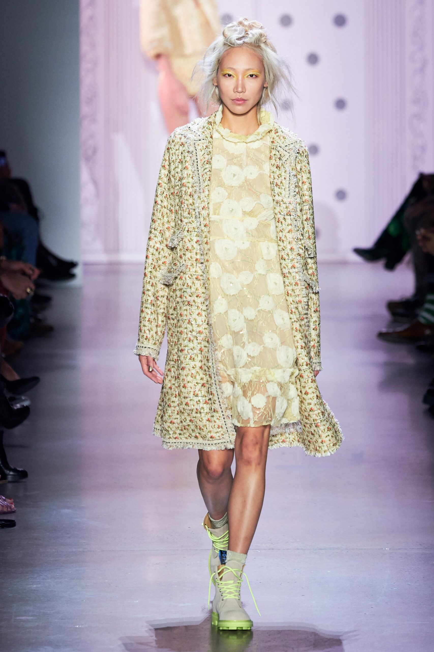 multi embroidered coat and beige lace dress