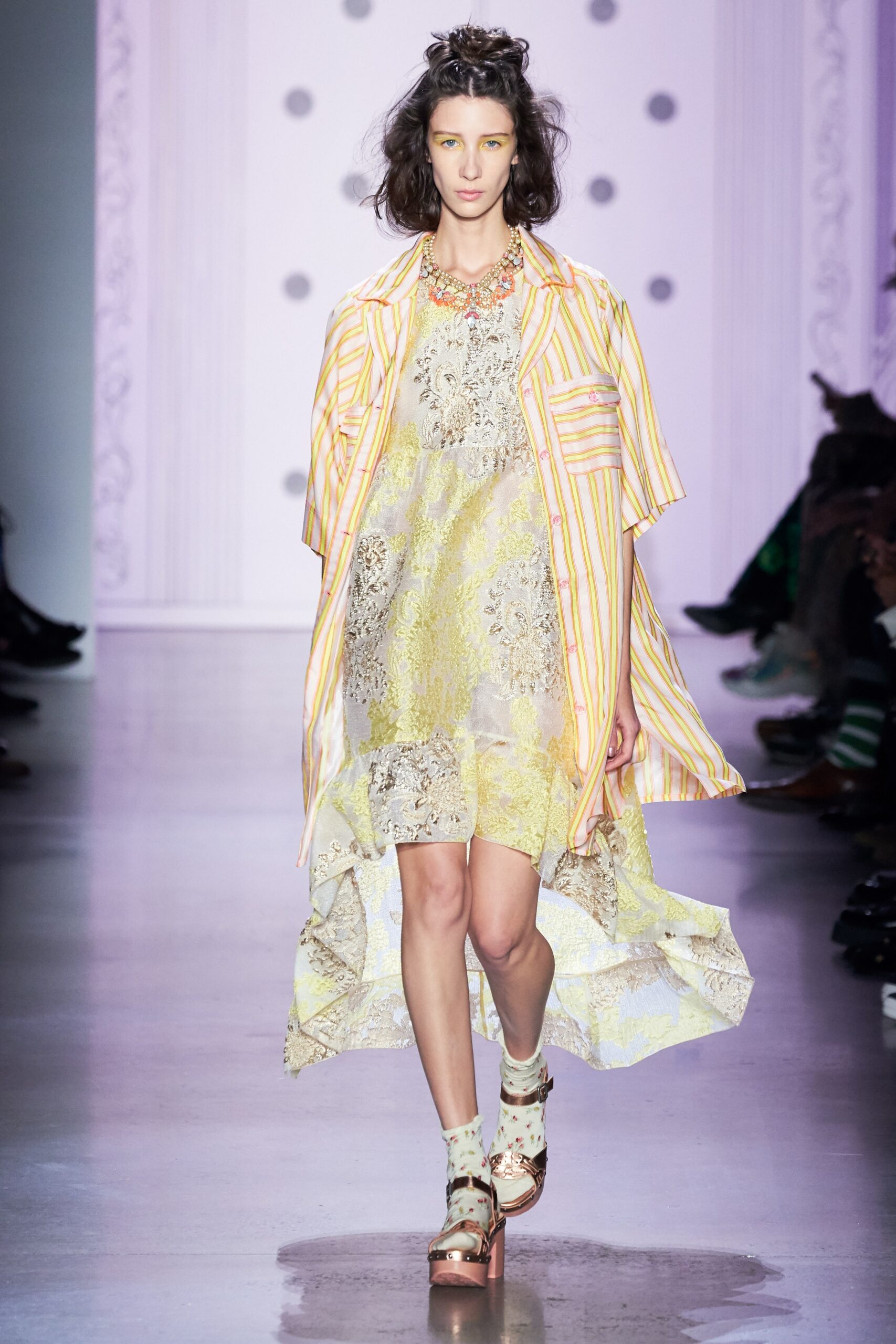 yellow lace midi dress with striped coat