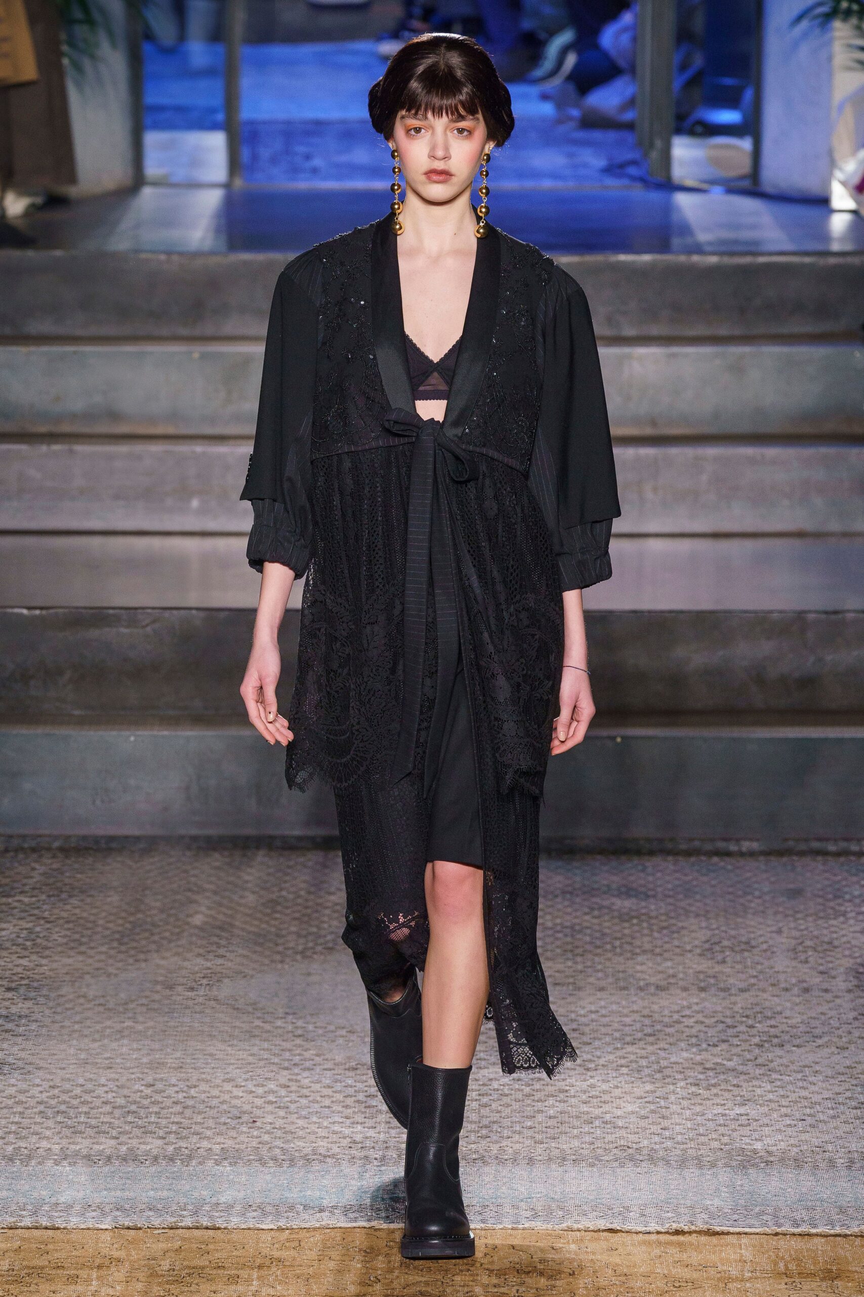 black lace long-sleeve relaxed draped coat