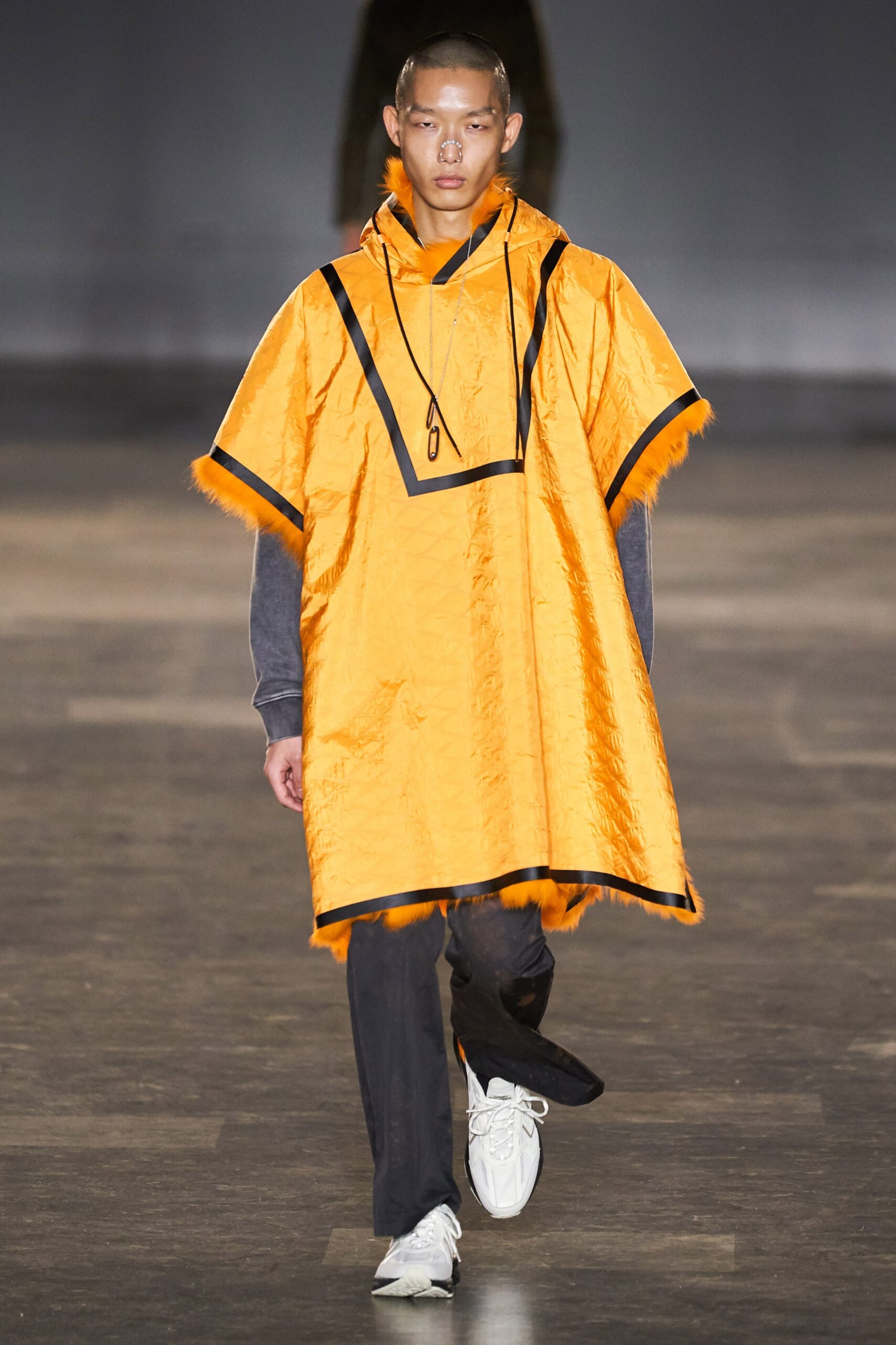 orange silk sleeveless hooded relaxed fringed shiny poncho