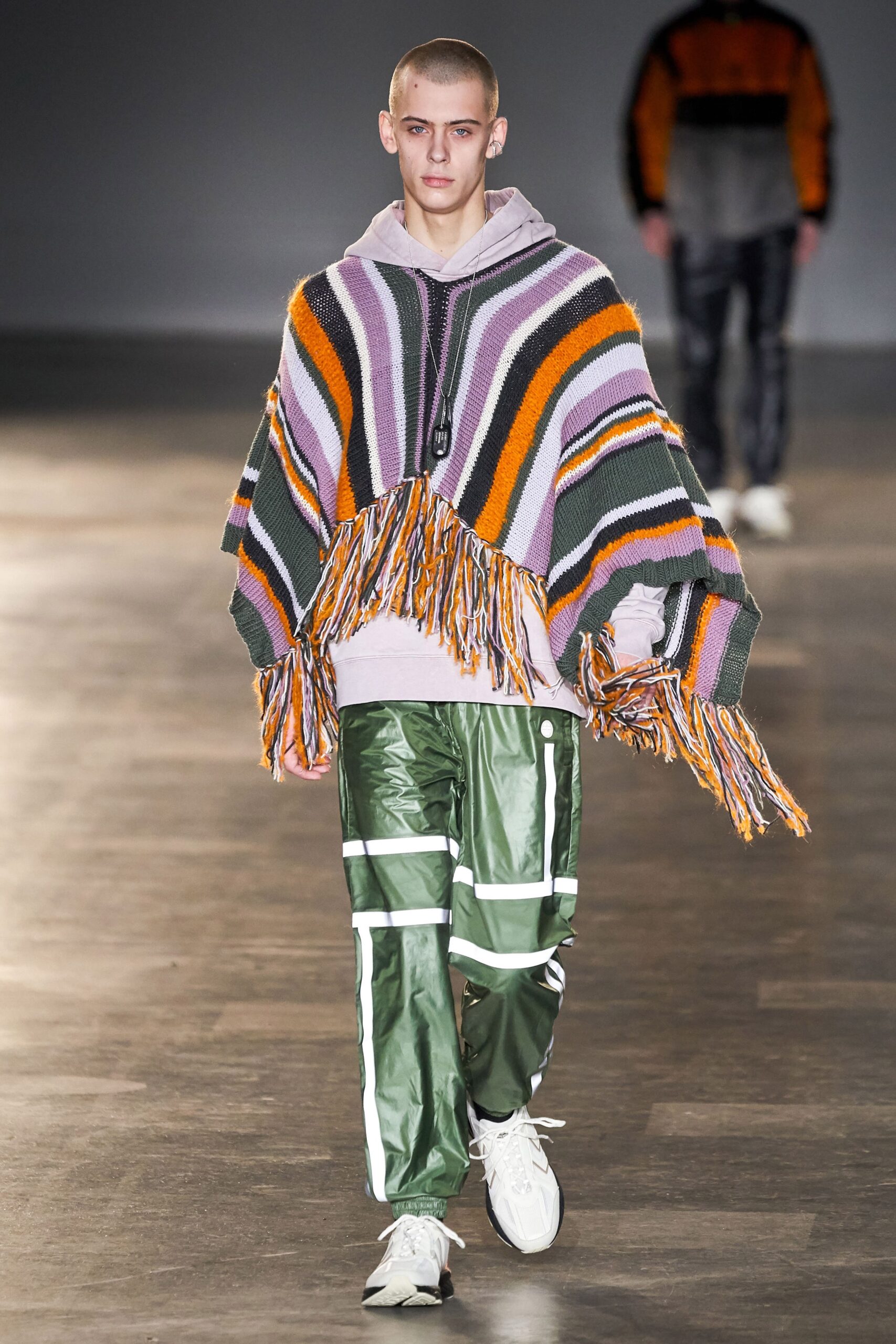 oversized striped poncho with relaxed pants