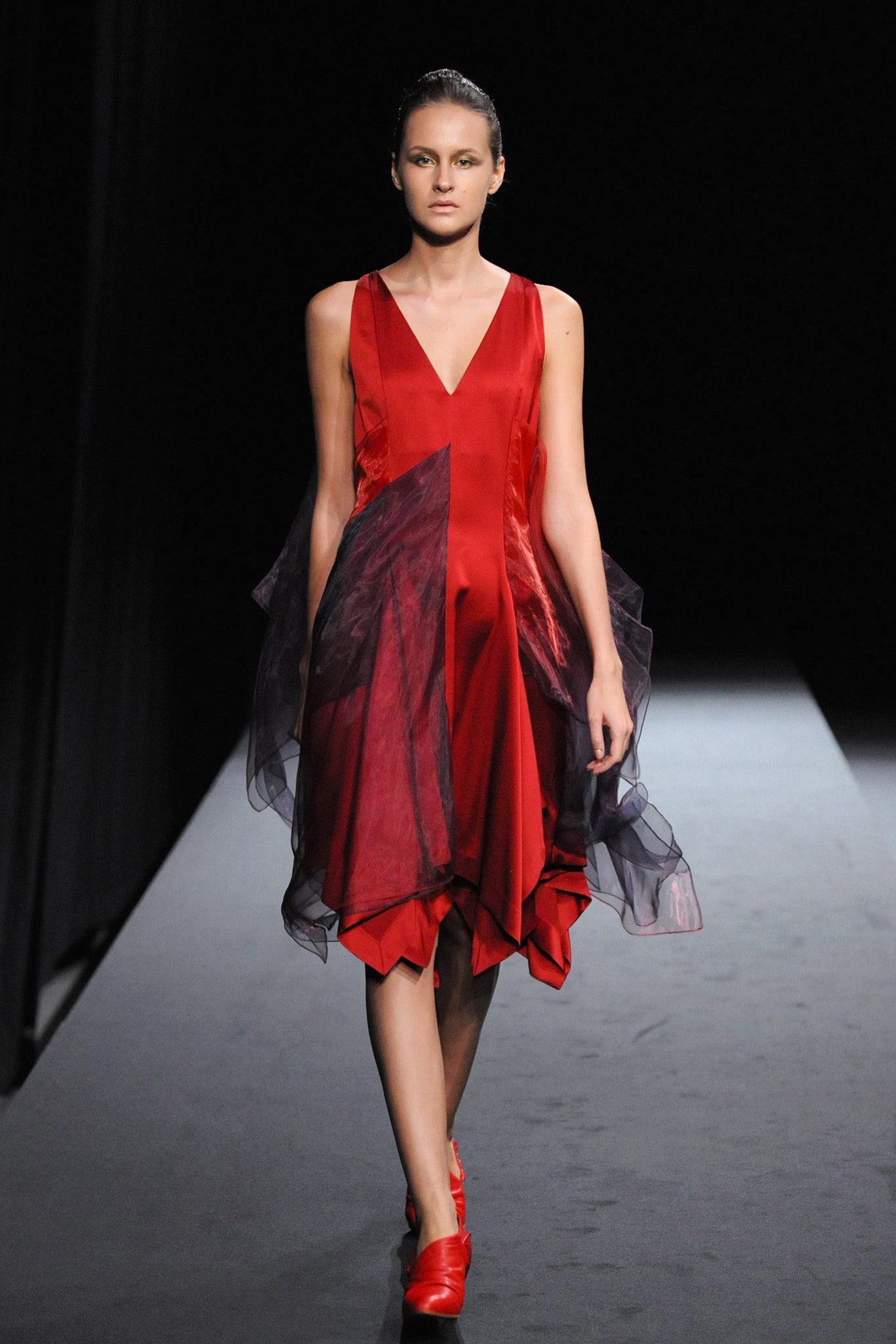 red and purple draped midi dress