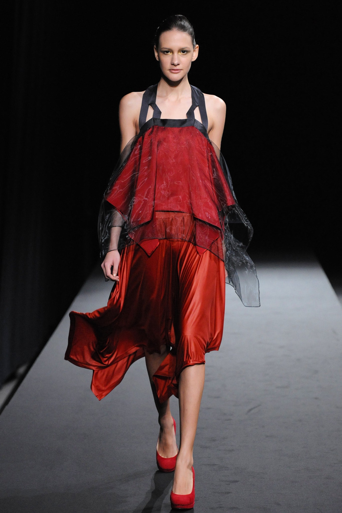 red layered midi dress