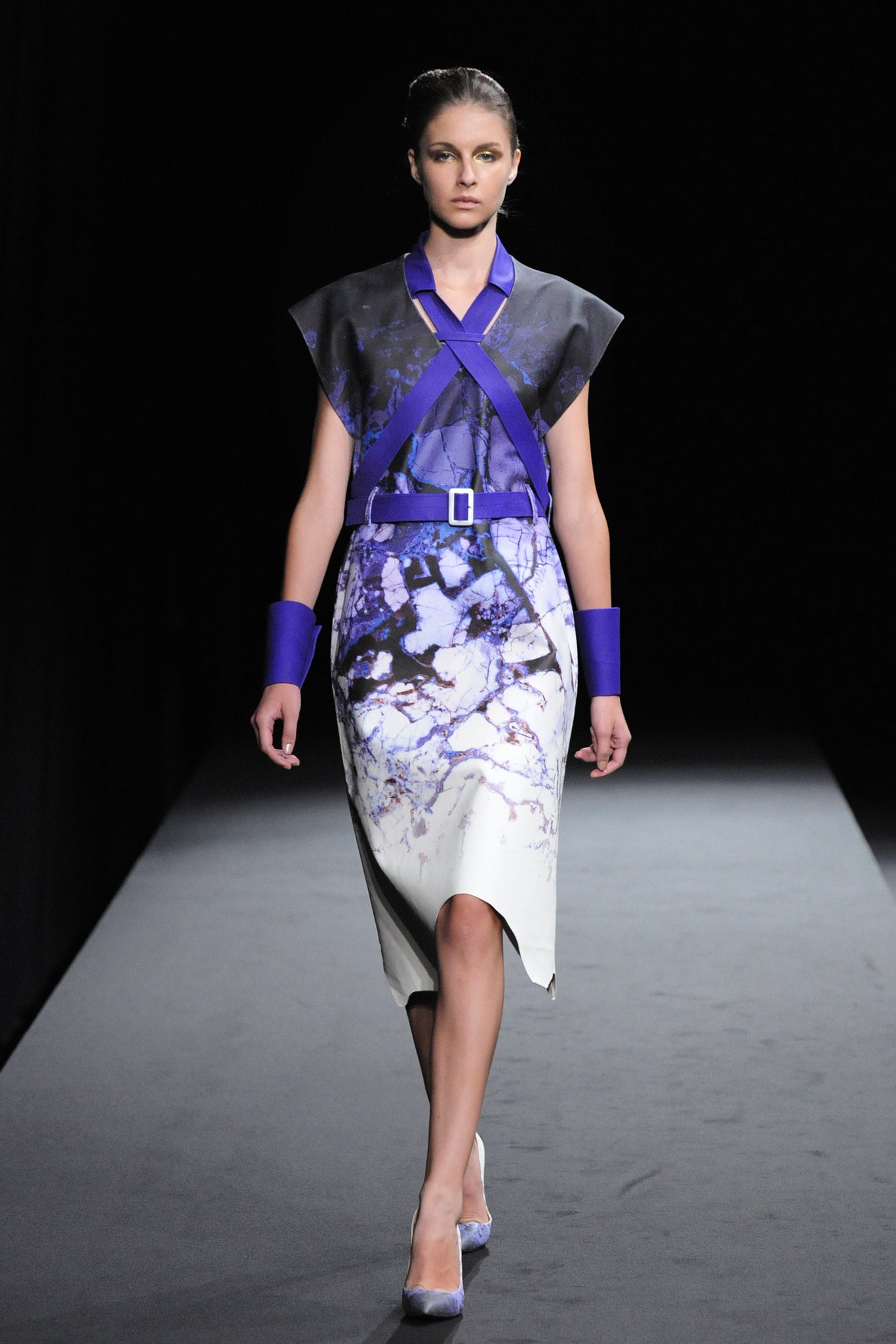 purple and white printed midi dress