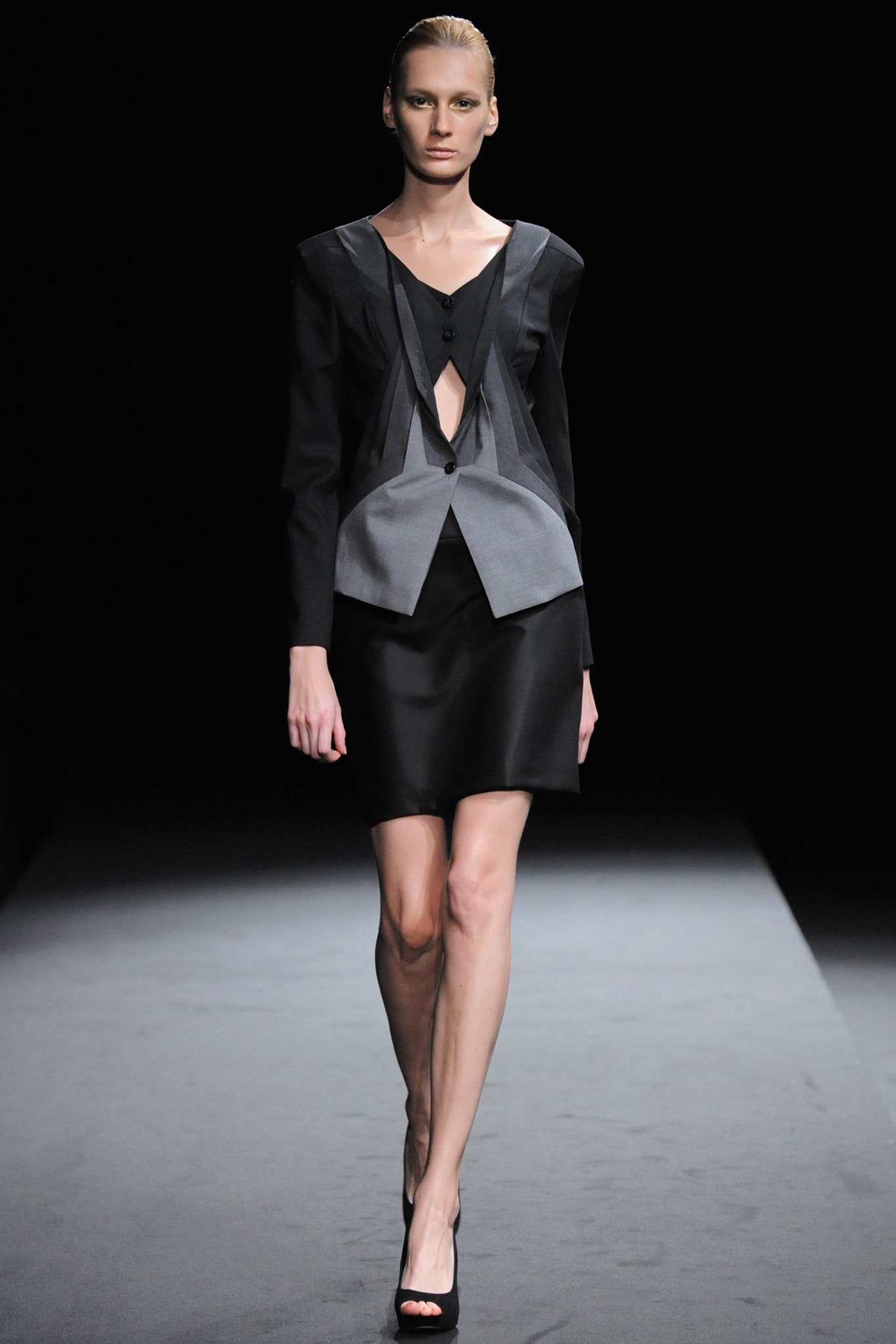black and gray fitted blazer with mini skirt