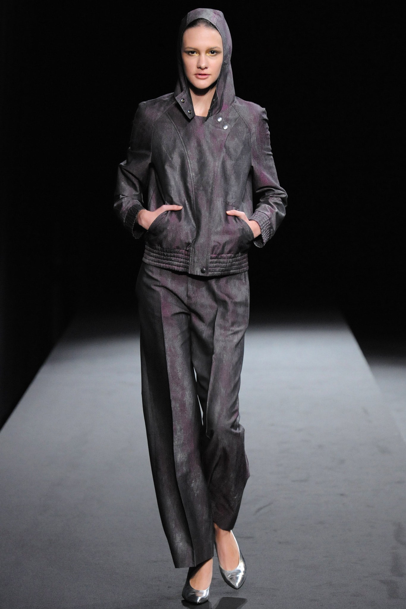 purple leather hooded jacket and pants