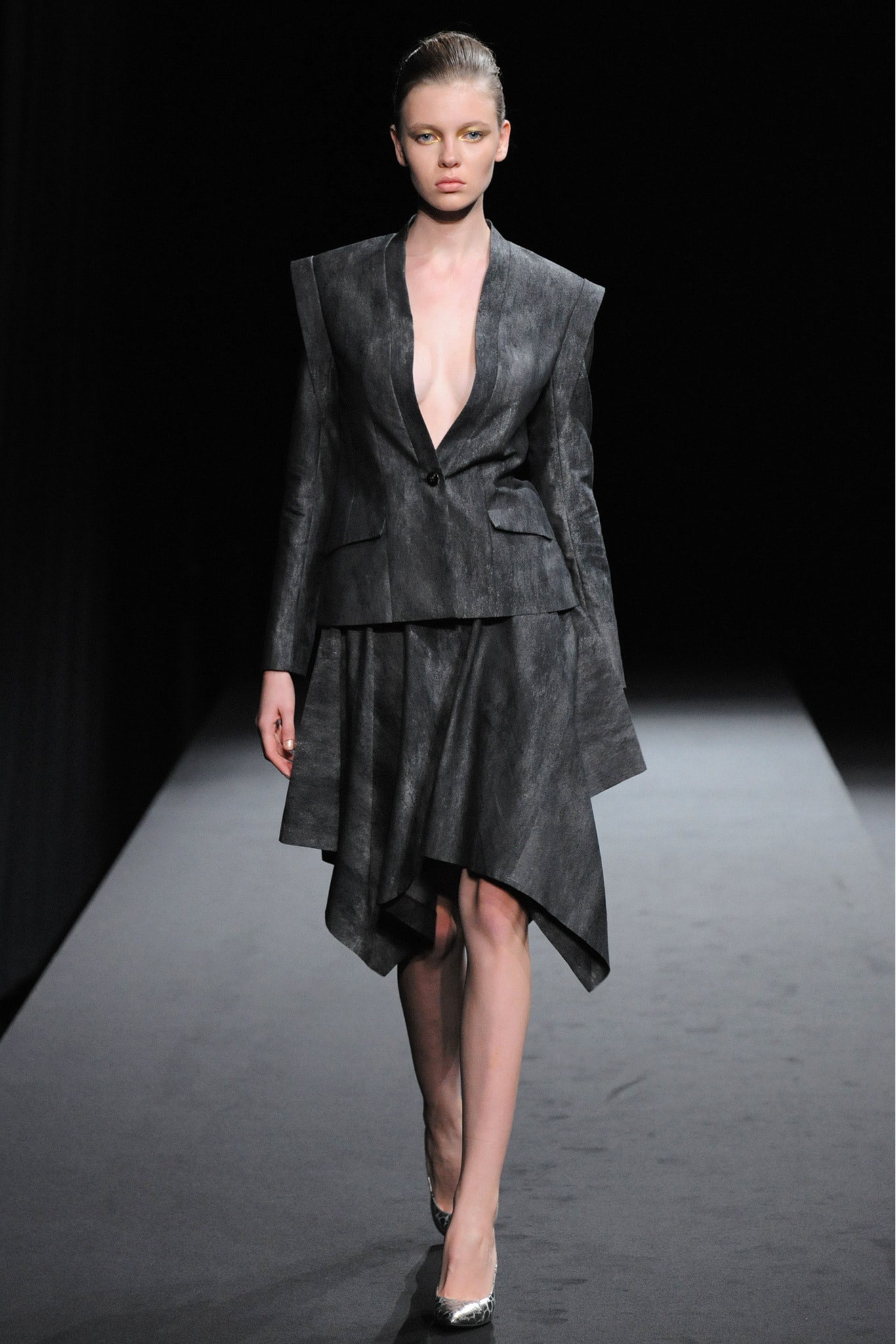 black silk asymmetric blazer and skirt
