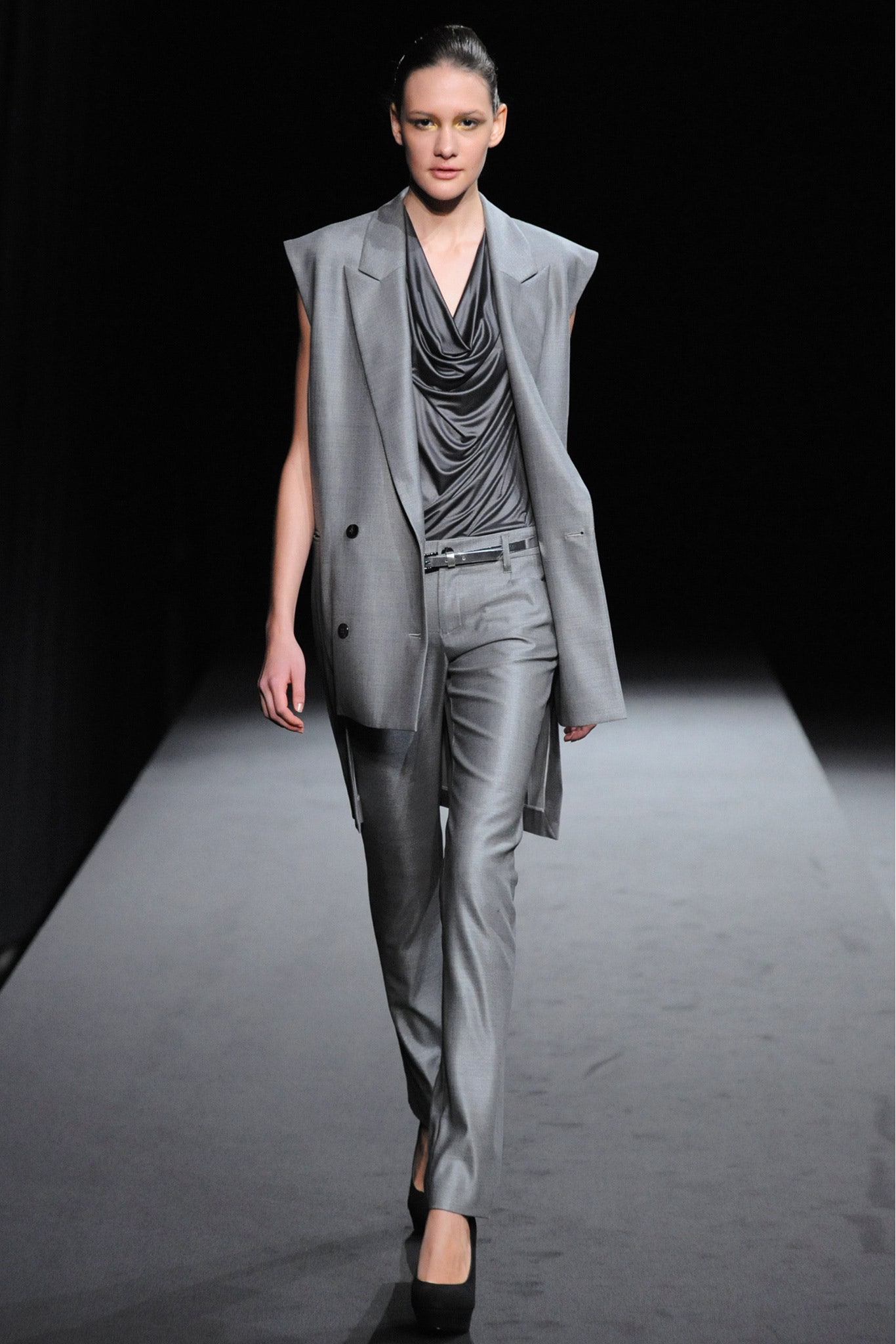 gray tailored blazer with silk top