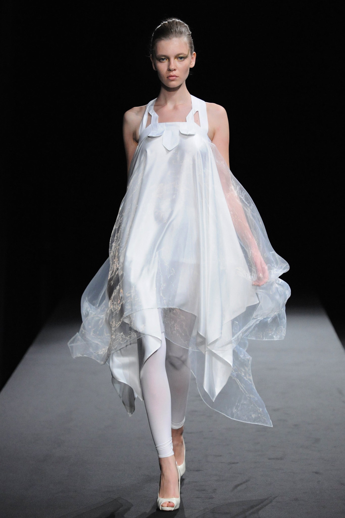 white chiffon draped dress