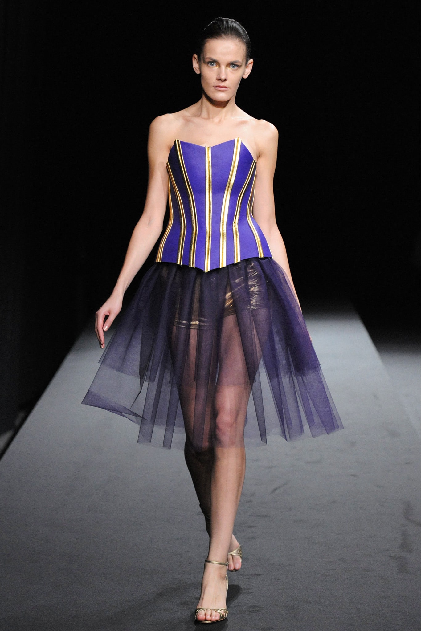 purple and gold pleated mini dress