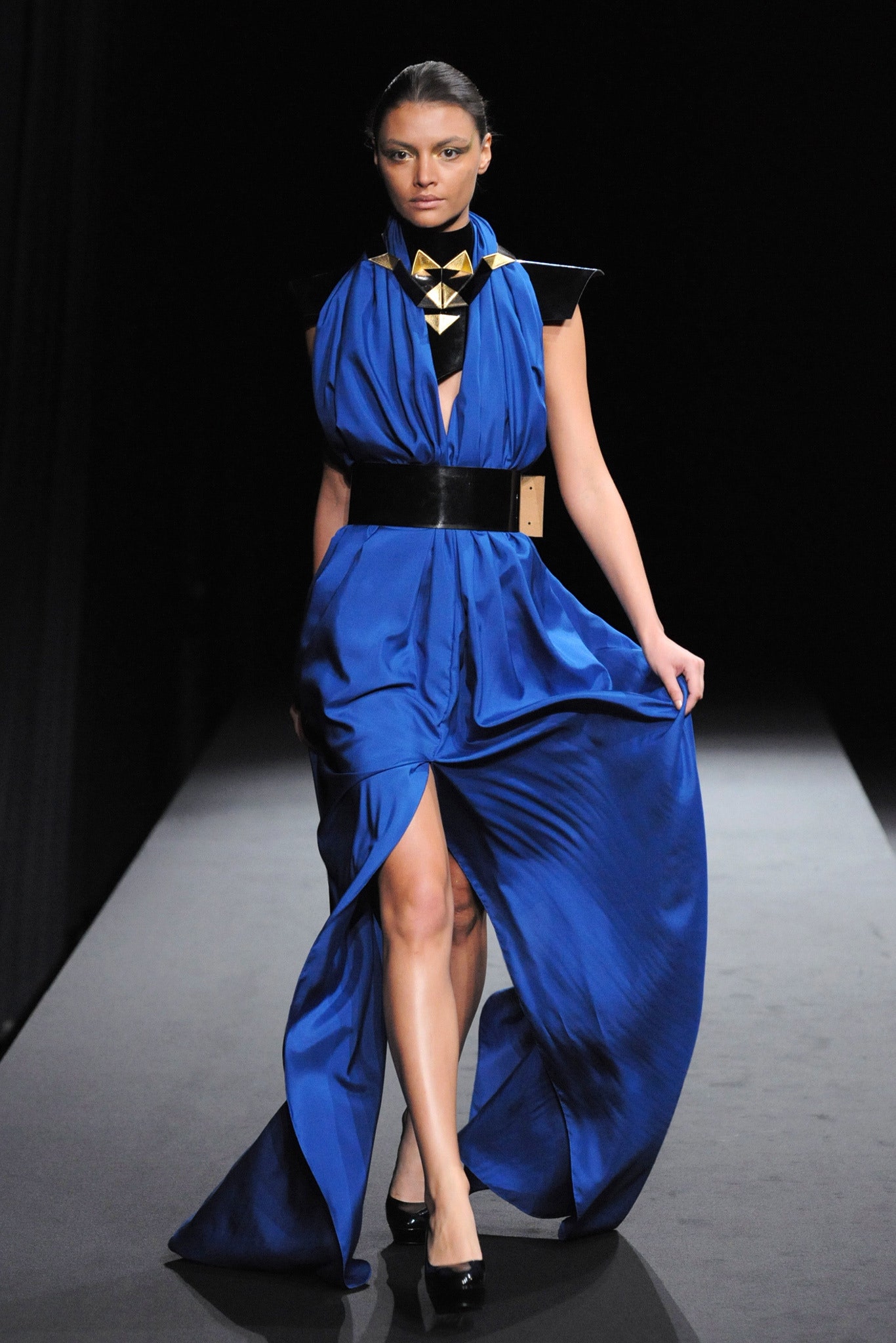 blue silk sleeveless gown