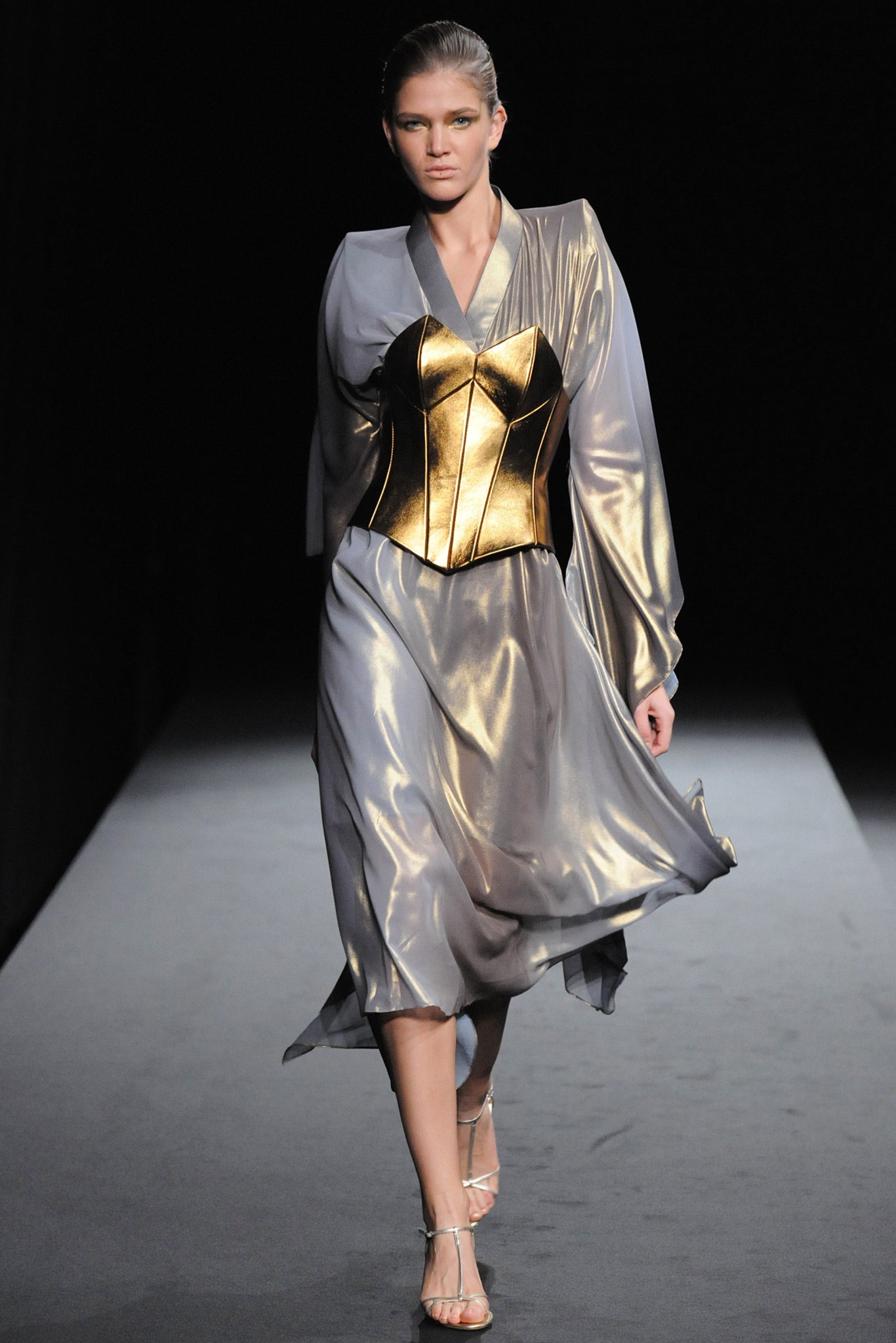 gray silk midi dress with gold corset