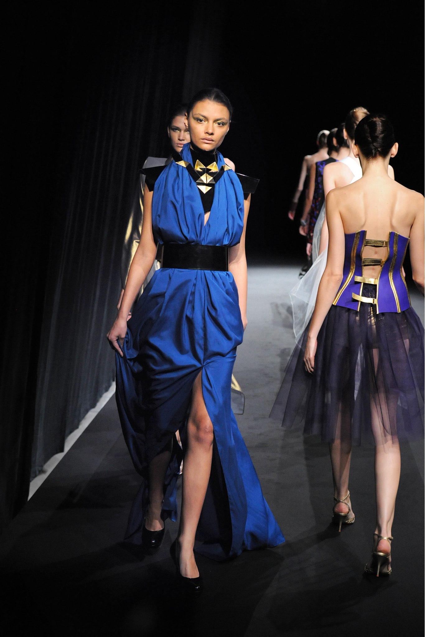 blue silk fitted gown