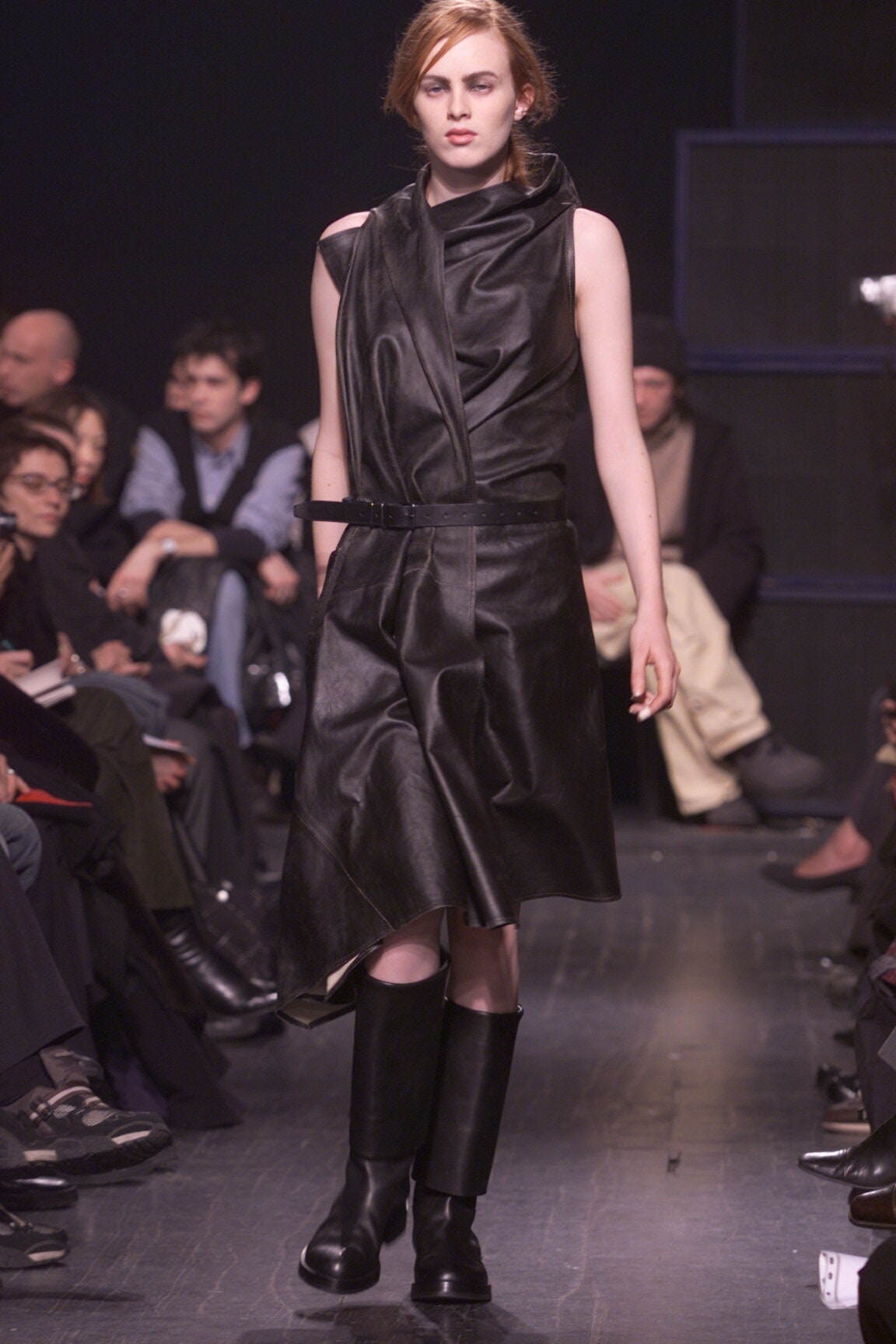 black leather asymmetric draped dress