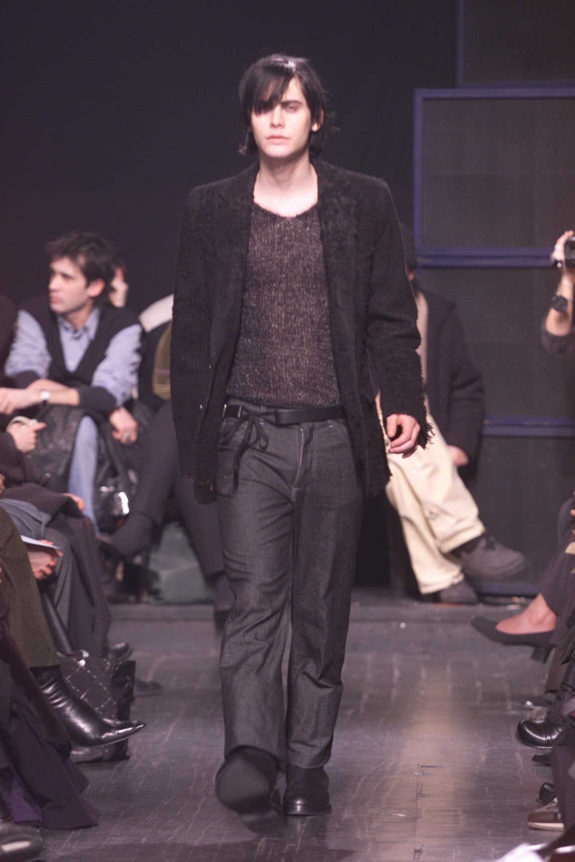 gray denim straight-leg belted pants