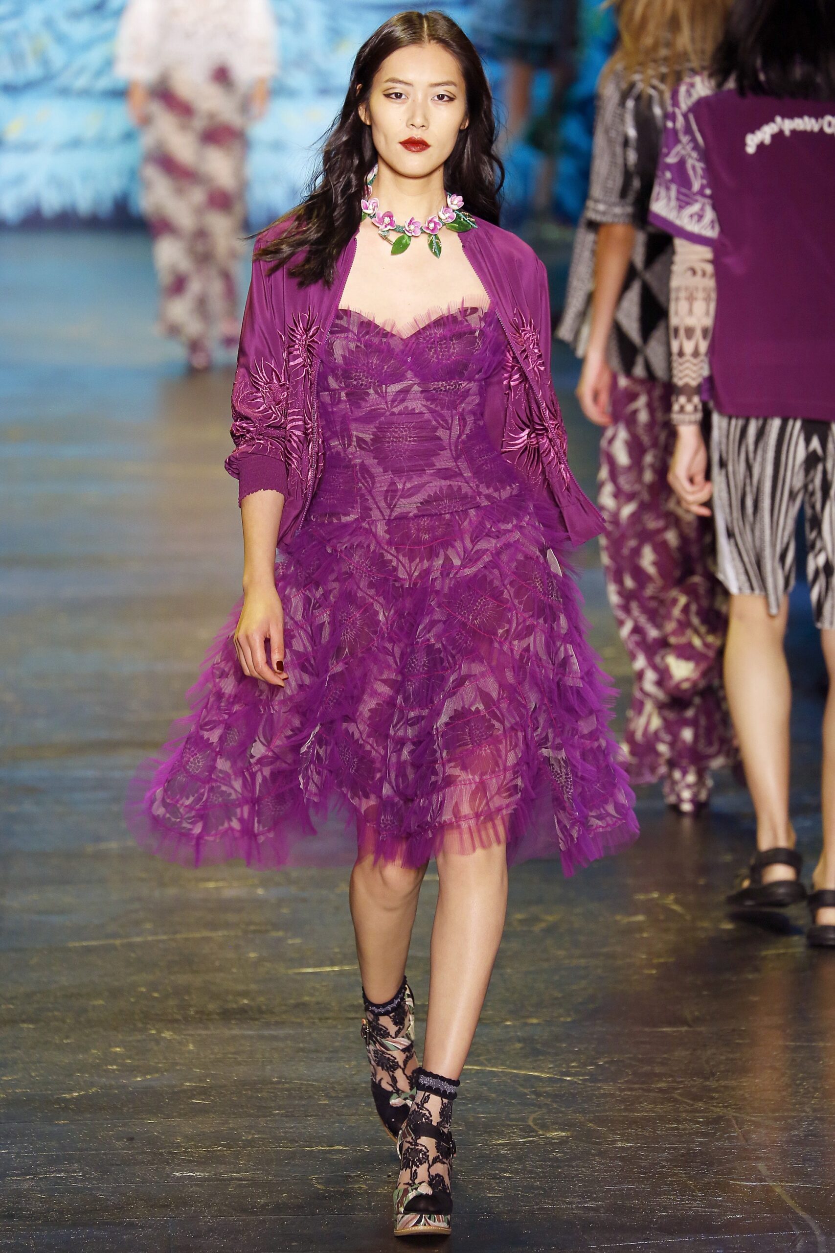 purple silk long-sleeve collared fitted embroidered jacket