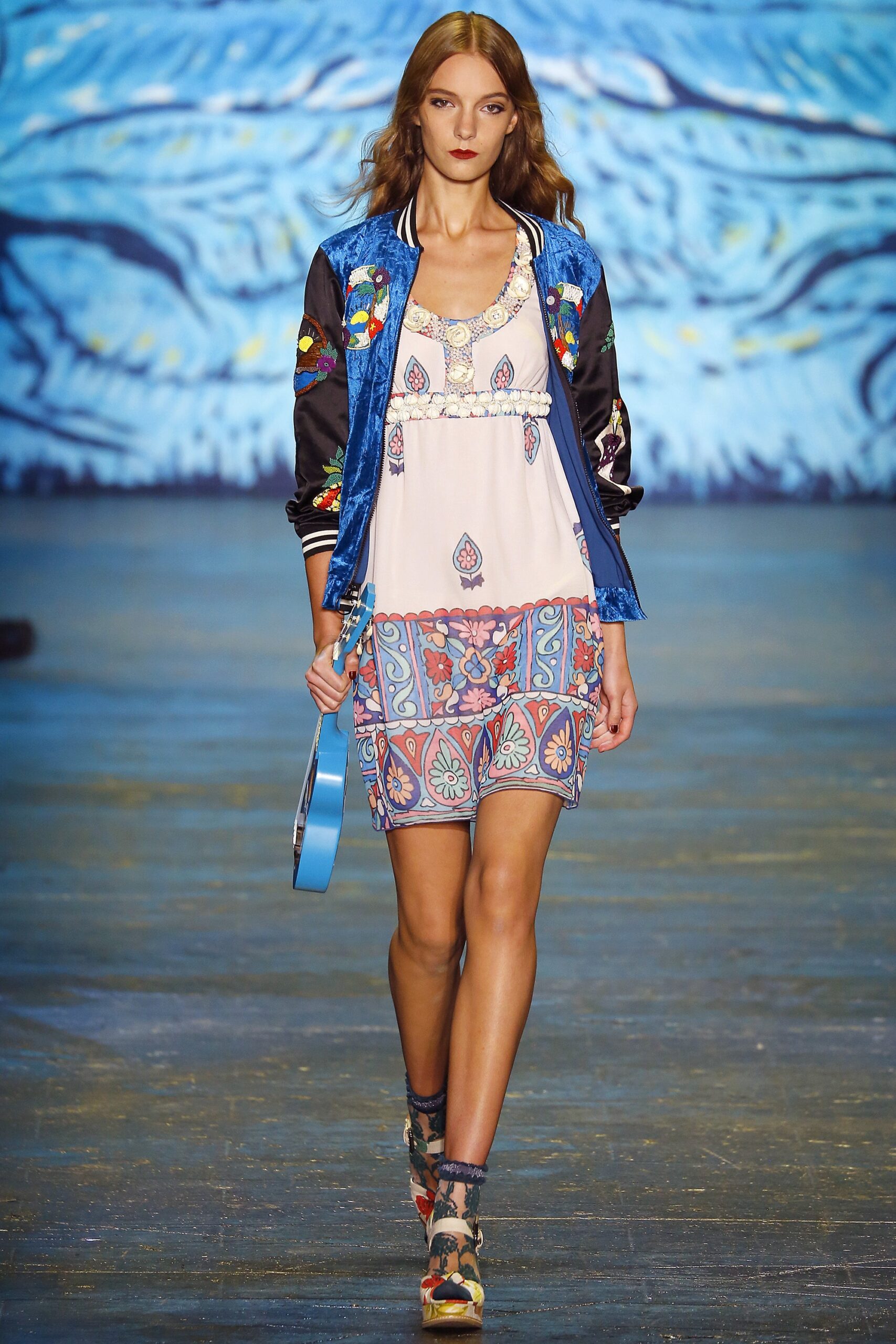 blue silk long-sleeve collared fitted embroidered zippered jacket