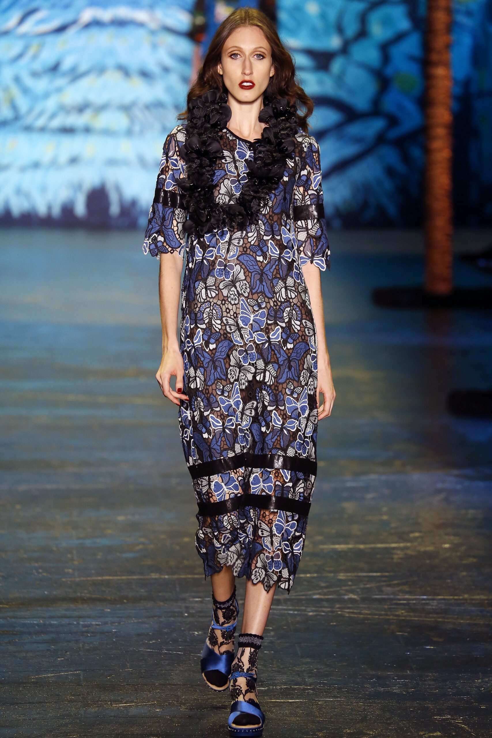 blue black embroidered midi dress