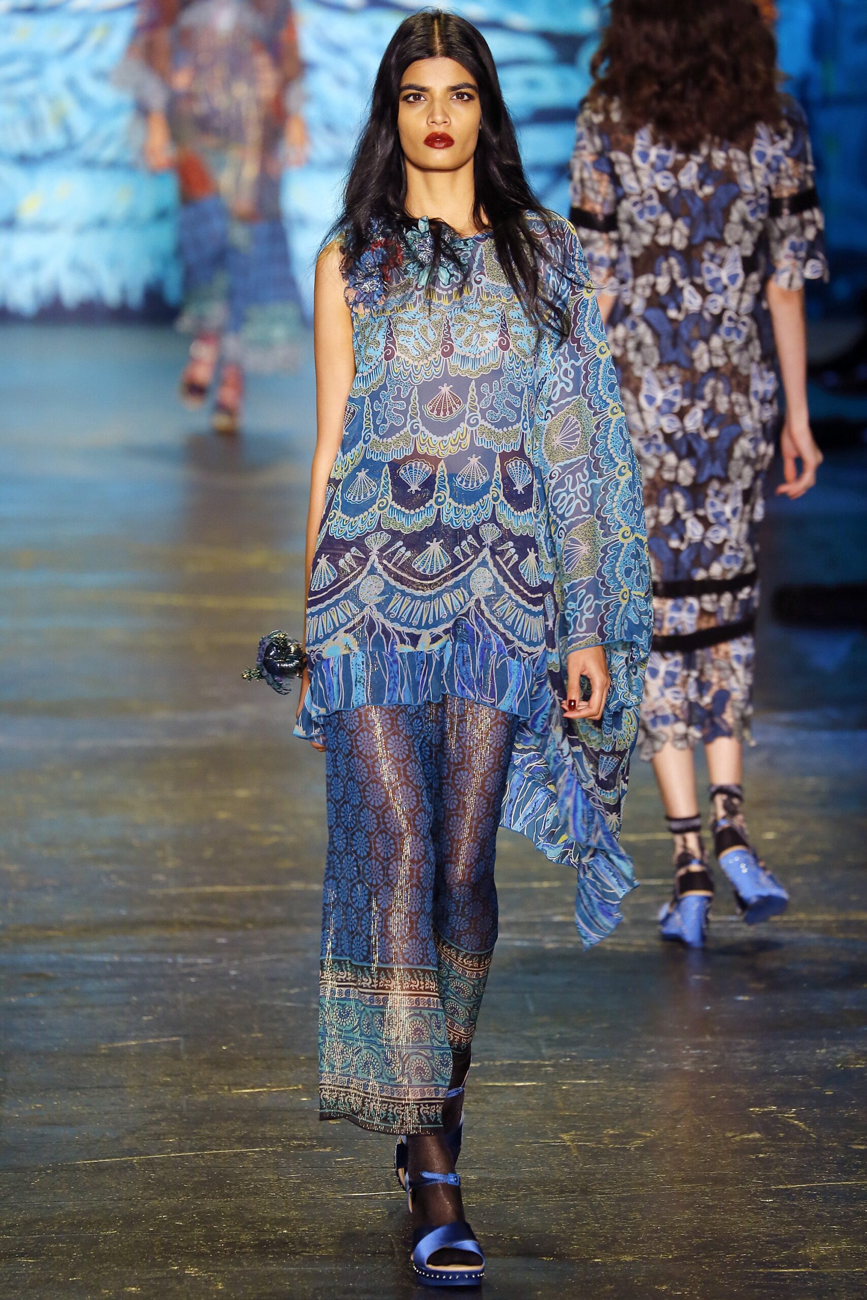 blue silk sleeveless asymmetric fitted layered fringed dress