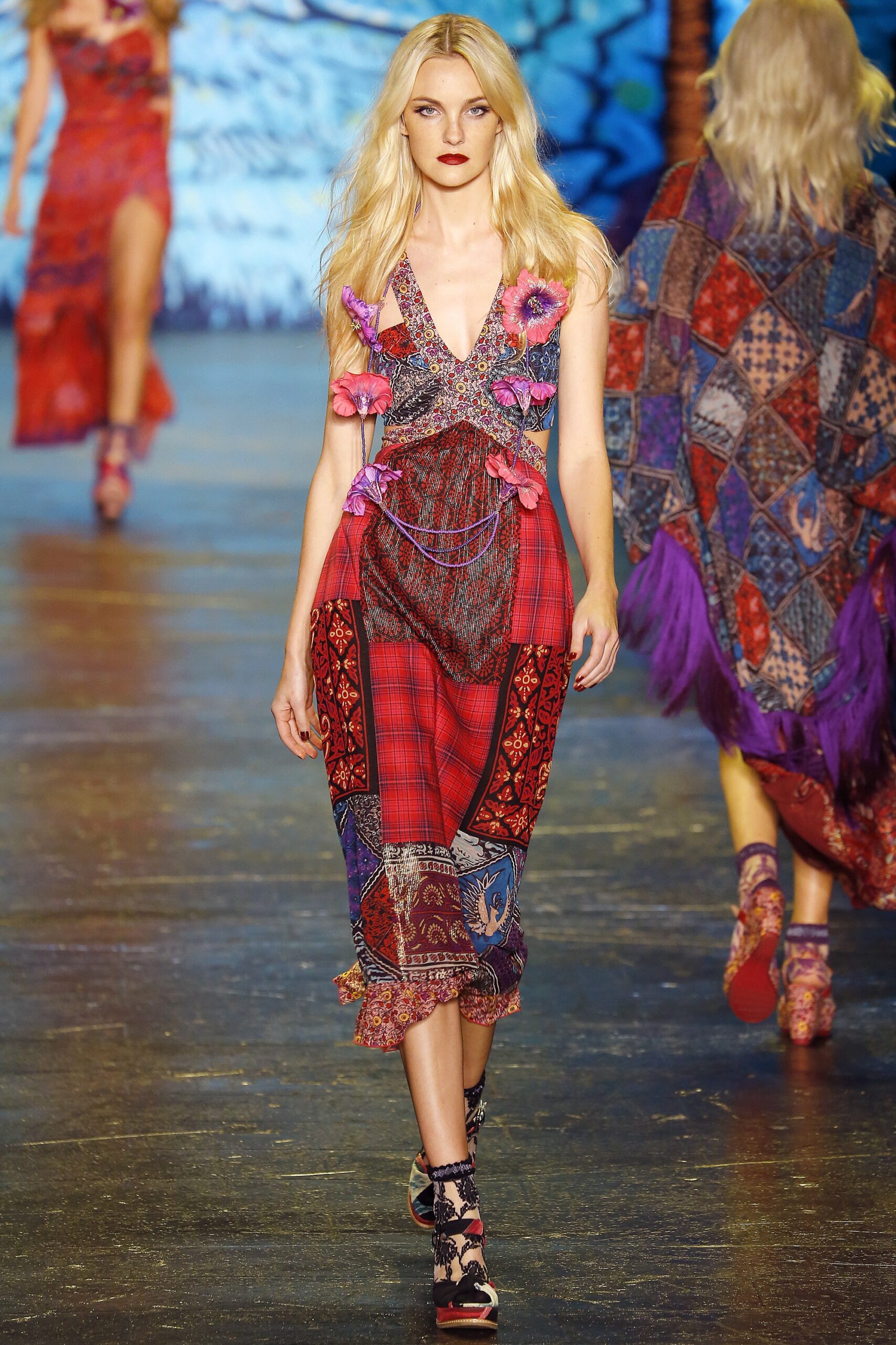 red and blue printed midi dress
