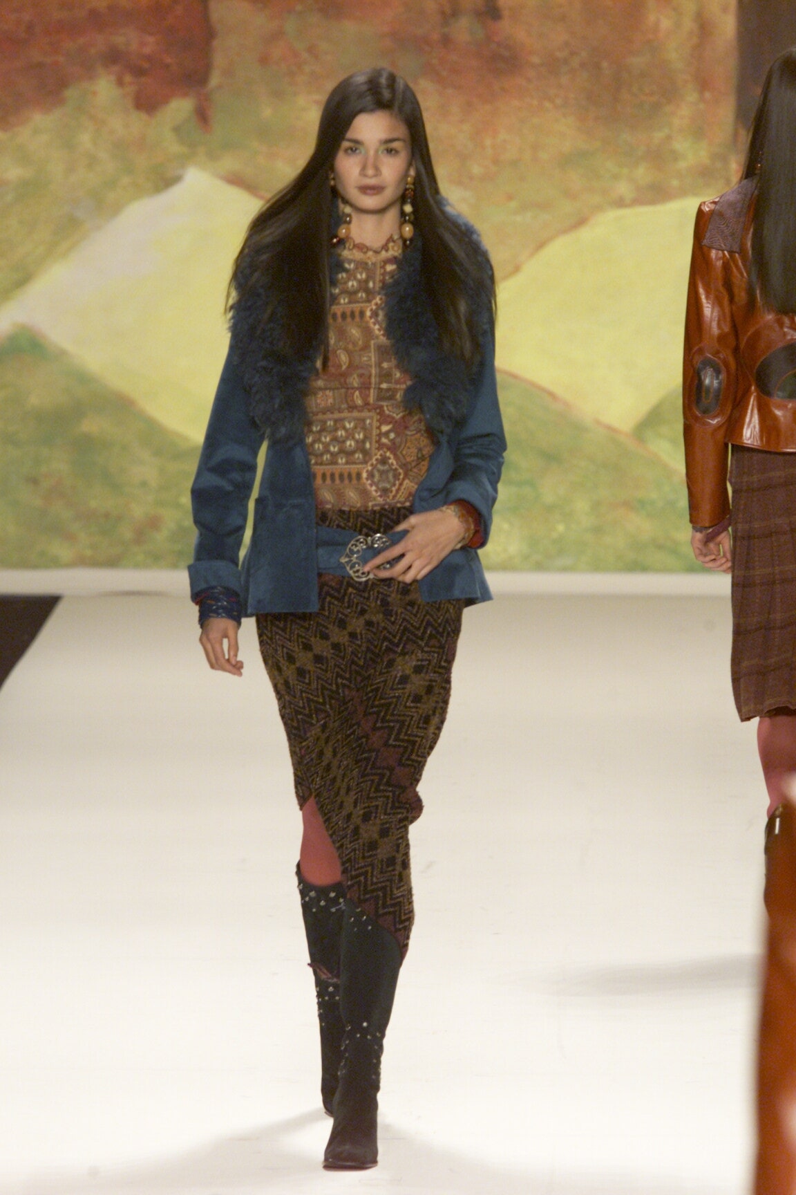 blue fitted jacket and brown pencil skirt