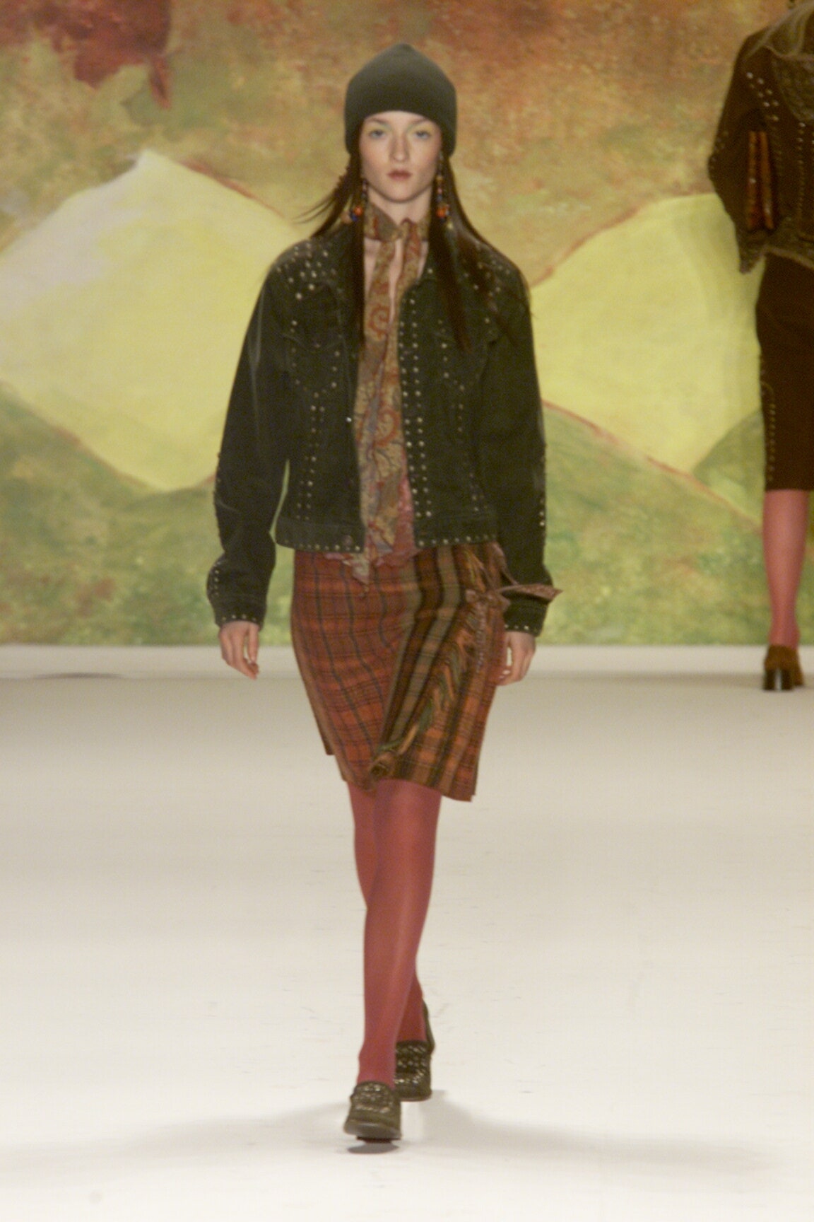 black denim jacket multi shirt brown skirt