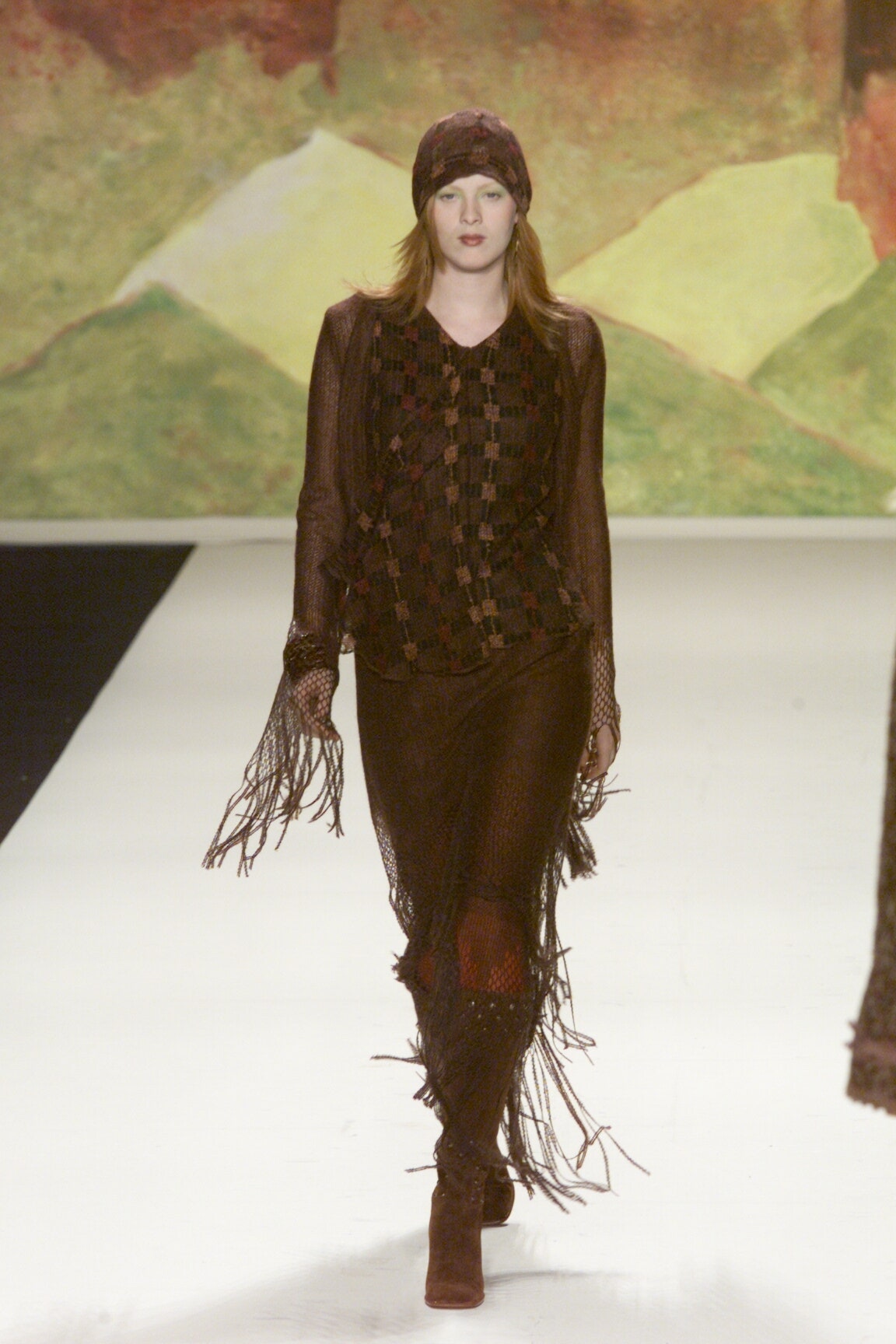 brown fringed midi dress with hat