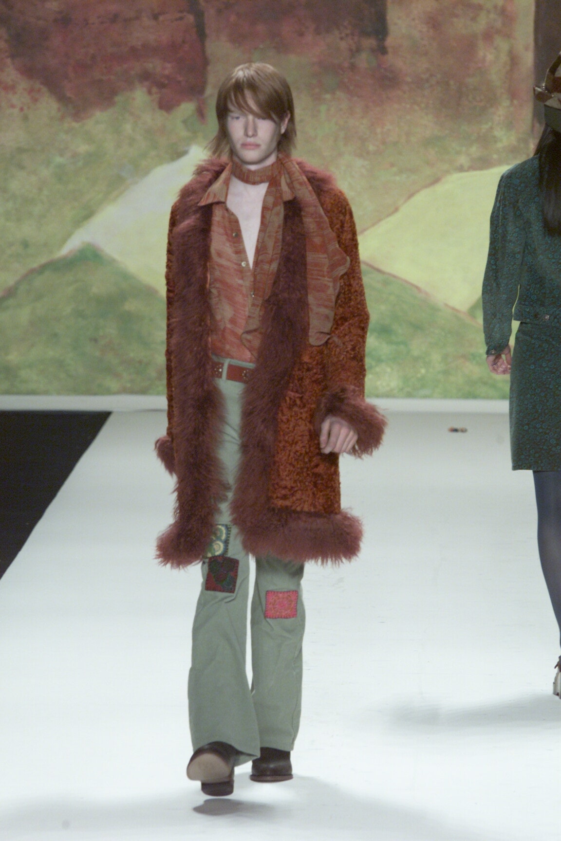 brown faux-fur coat with orange shirt