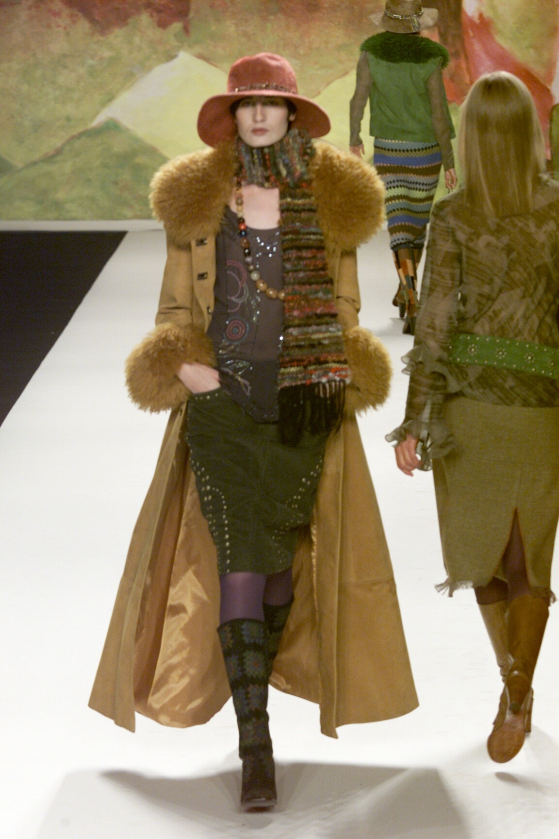 brown wool coat with red hat