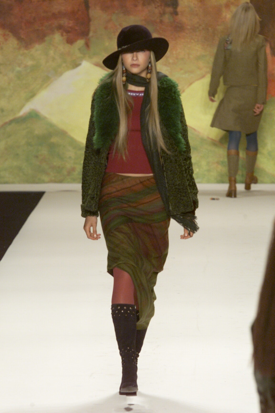 green faux-fur coat with multi skirt