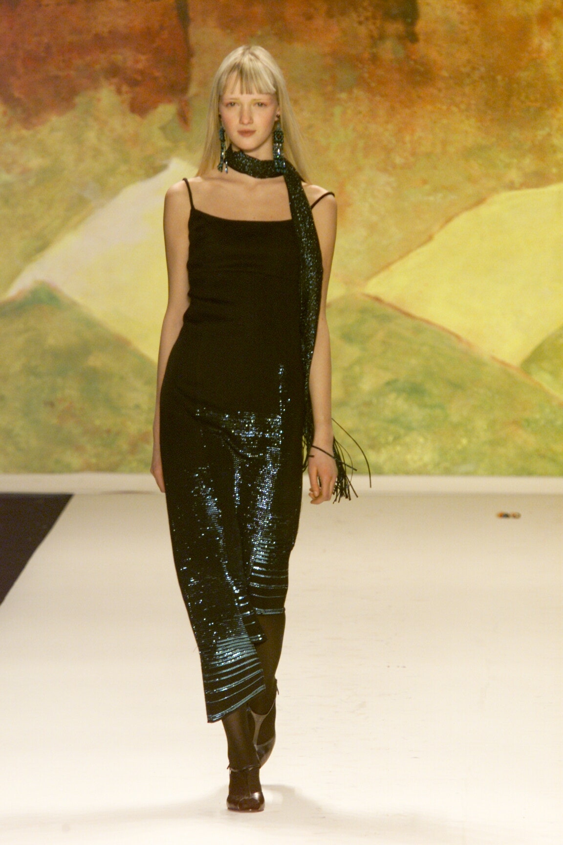 black sequined midi dress with scarf