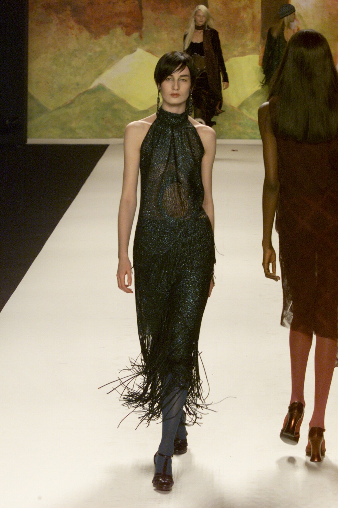 black blue fringed halterneck dress
